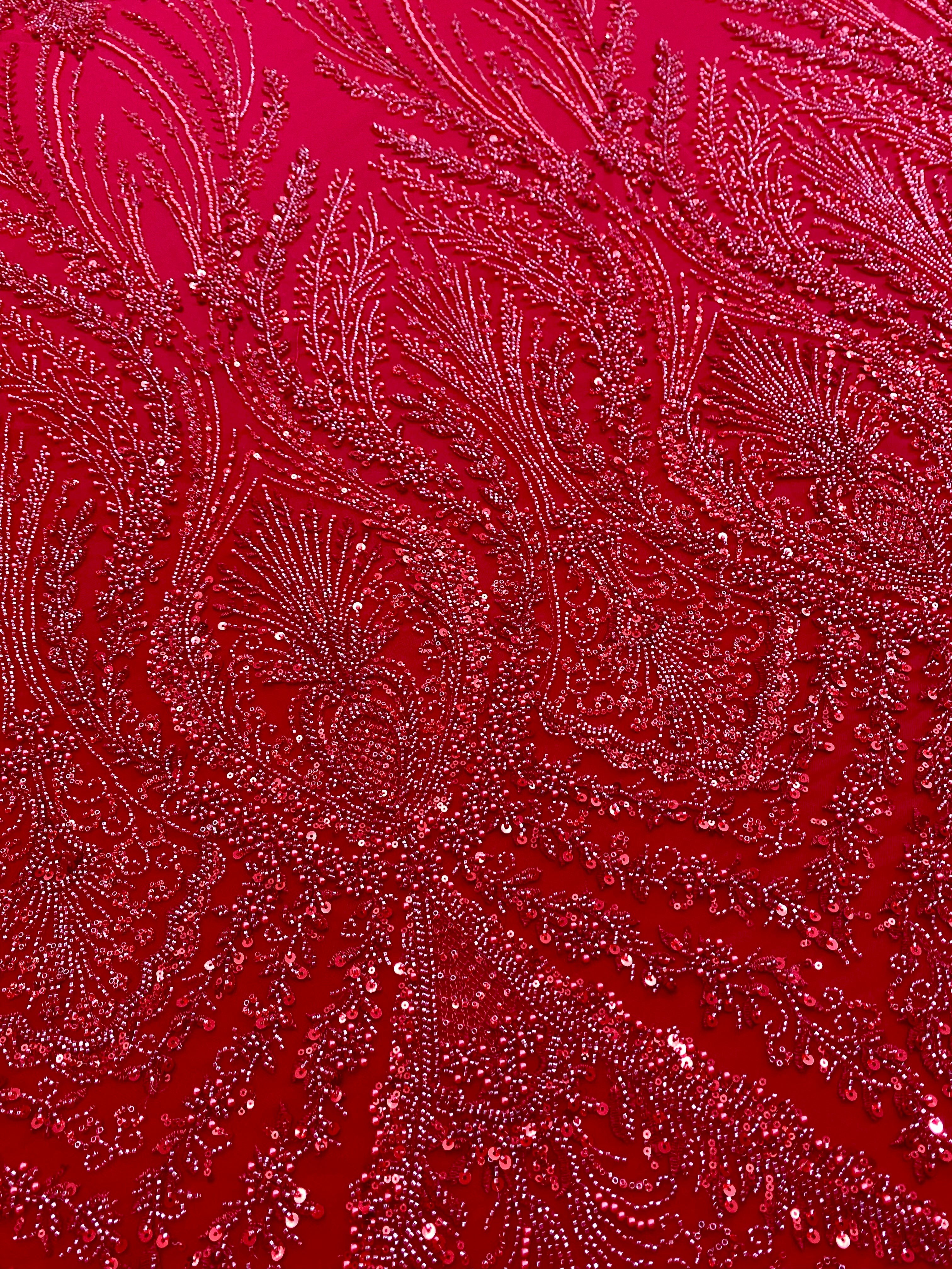 Red Couture Lace with Geometric Pattern, with Pearls, Beads and Sequins