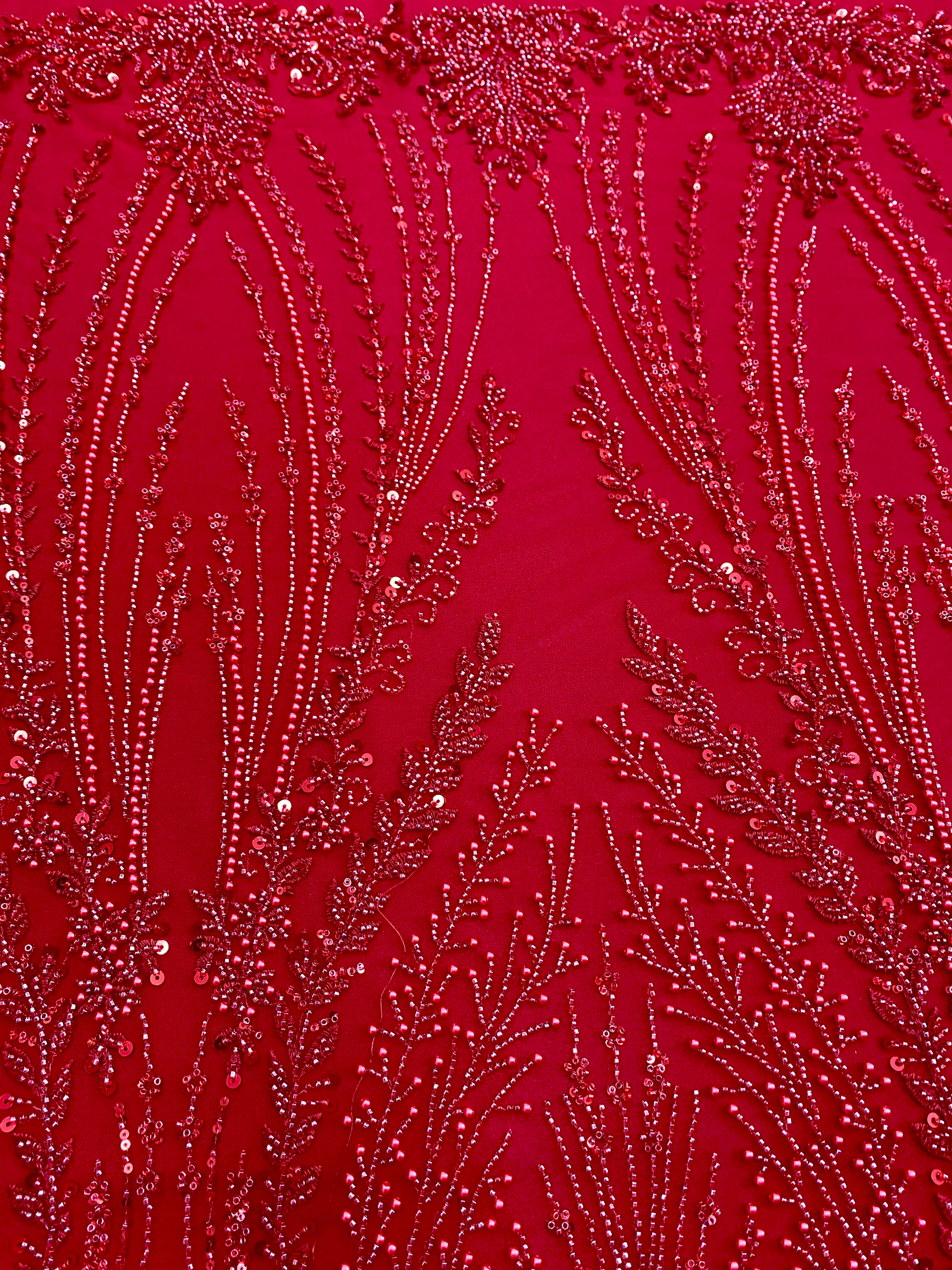Red Couture Lace with Geometric Pattern, with Pearls, Beads and Sequins