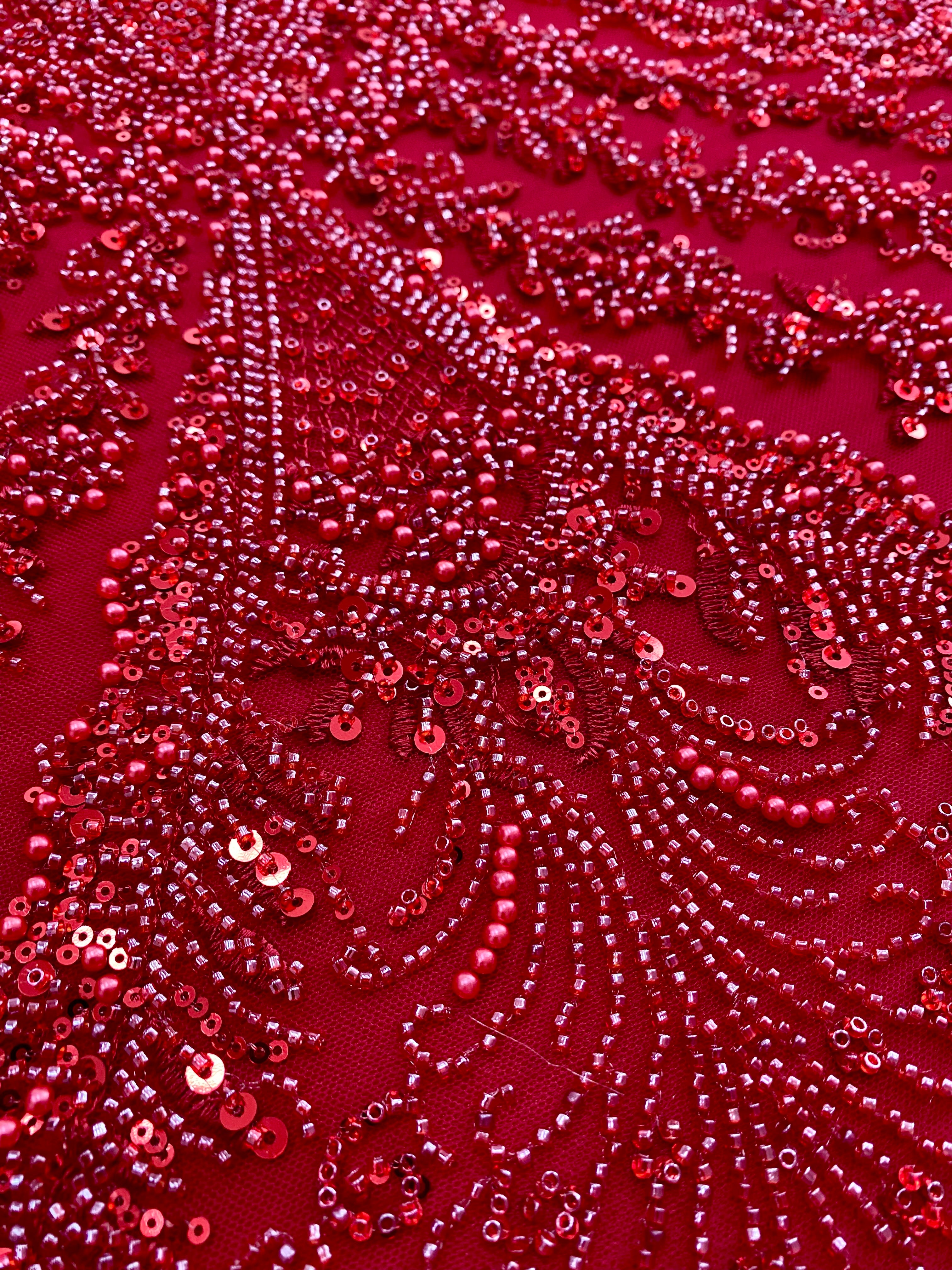 Red Couture Lace with Geometric Pattern, with Pearls, Beads and Sequins