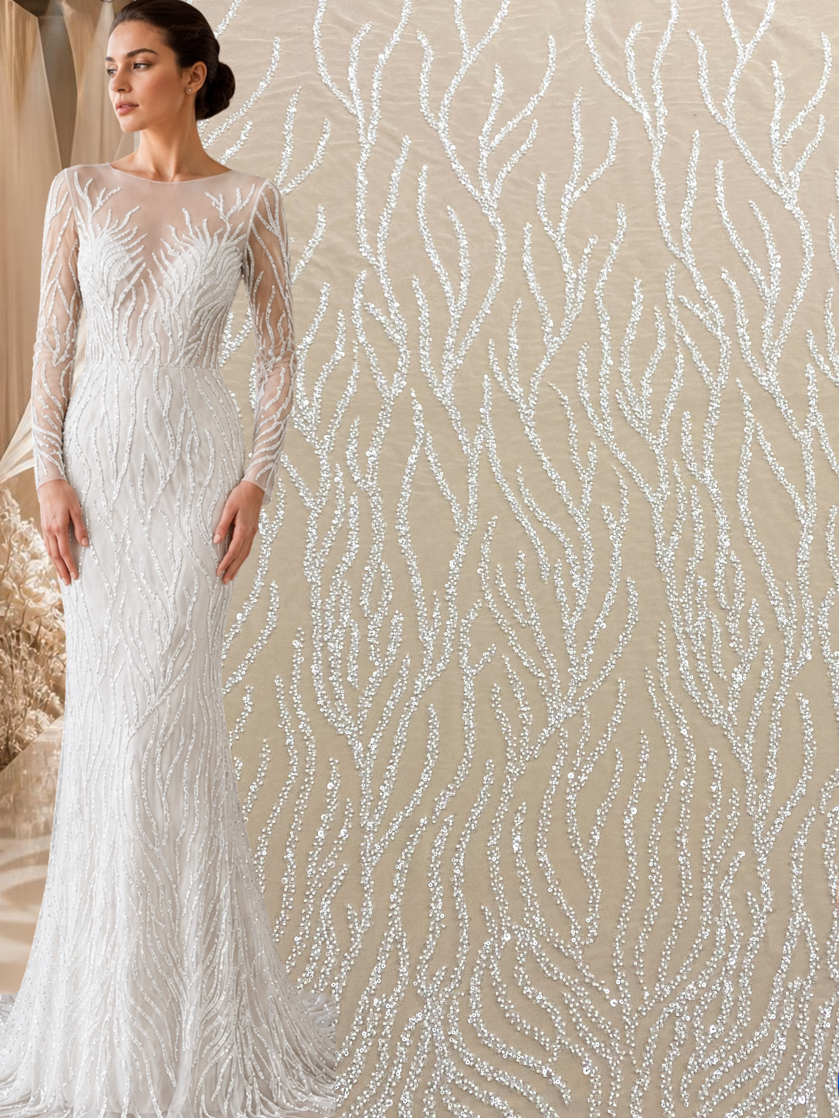 Dantela Couture Ivory cu Siraguri, cu Margele si Paiete