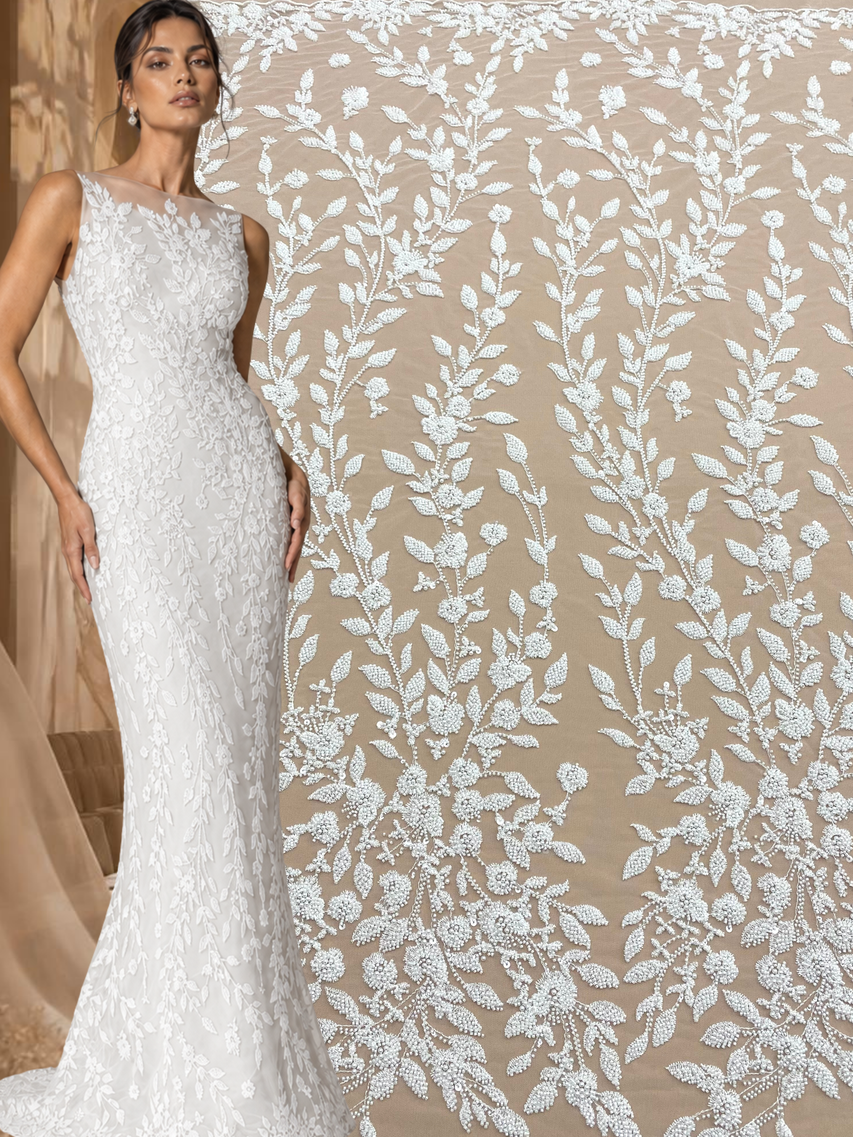 Dantela Couture Ivory cu Model Floral, Perle, Margele si Paiete