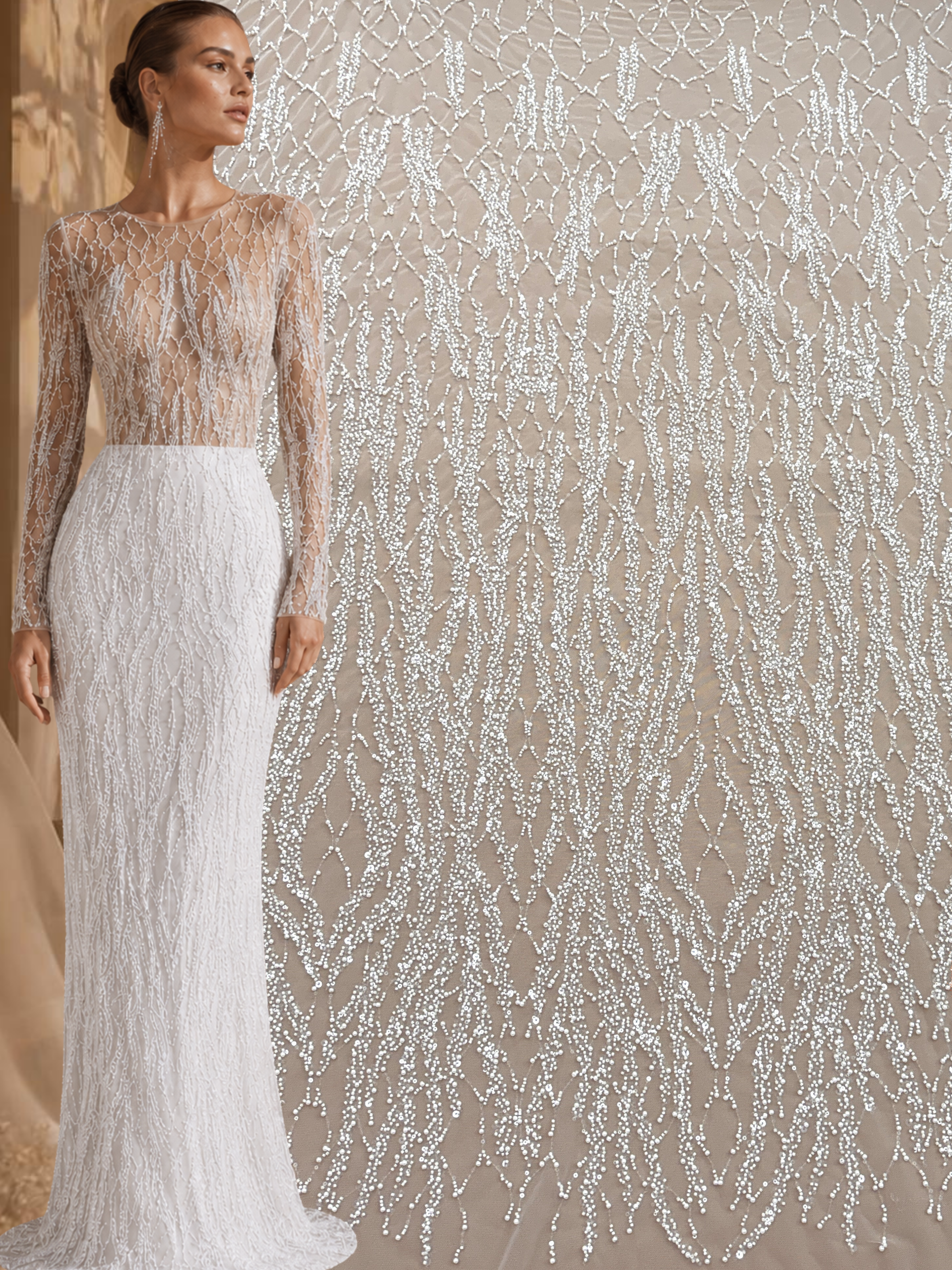 Dantela Couture Ivory cu Siraguri, cu Perle, Margele si Paiete