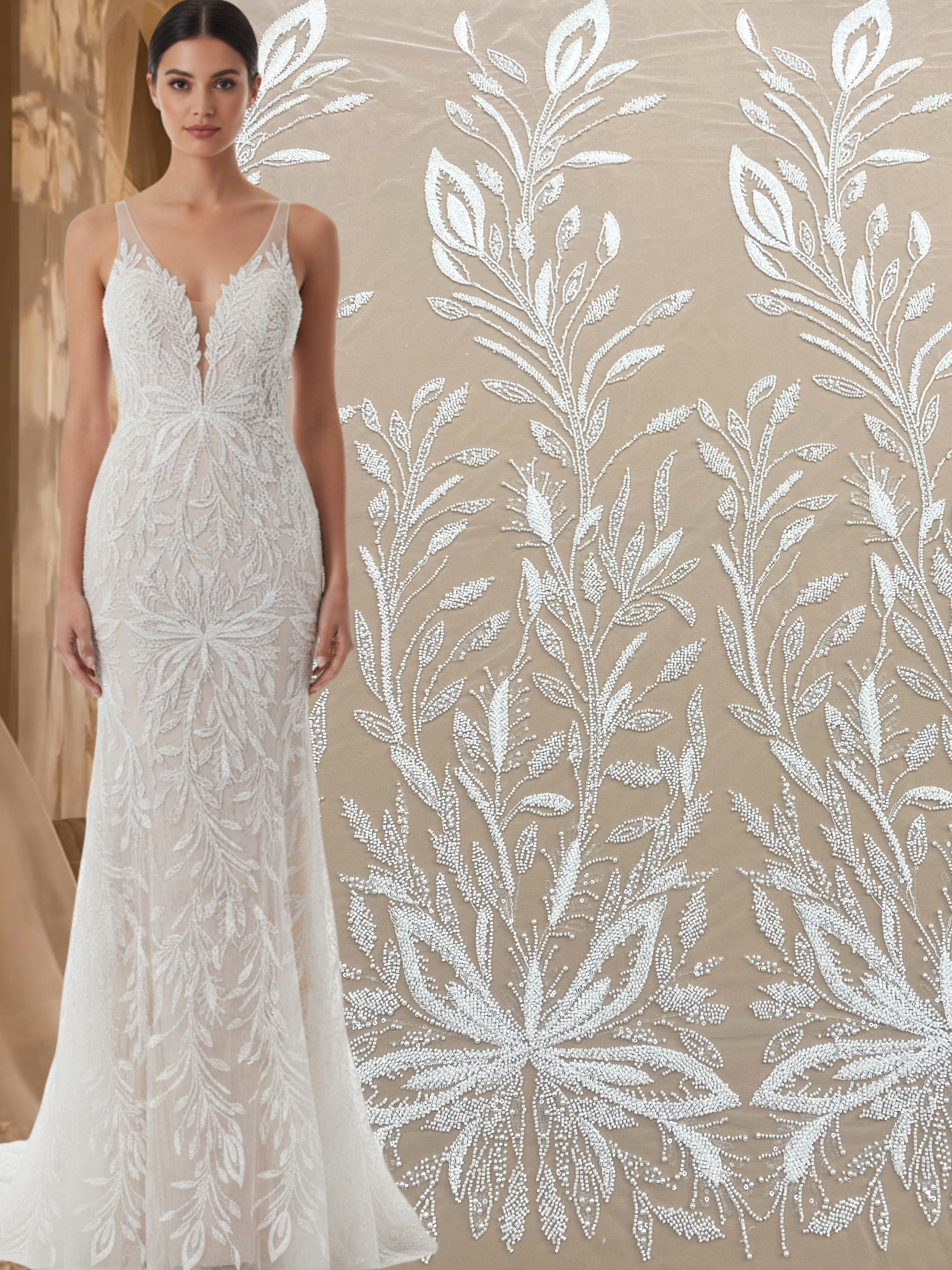 Dantela Couture Ivory cu Model Floral, cu Perle, Margele si Paiete