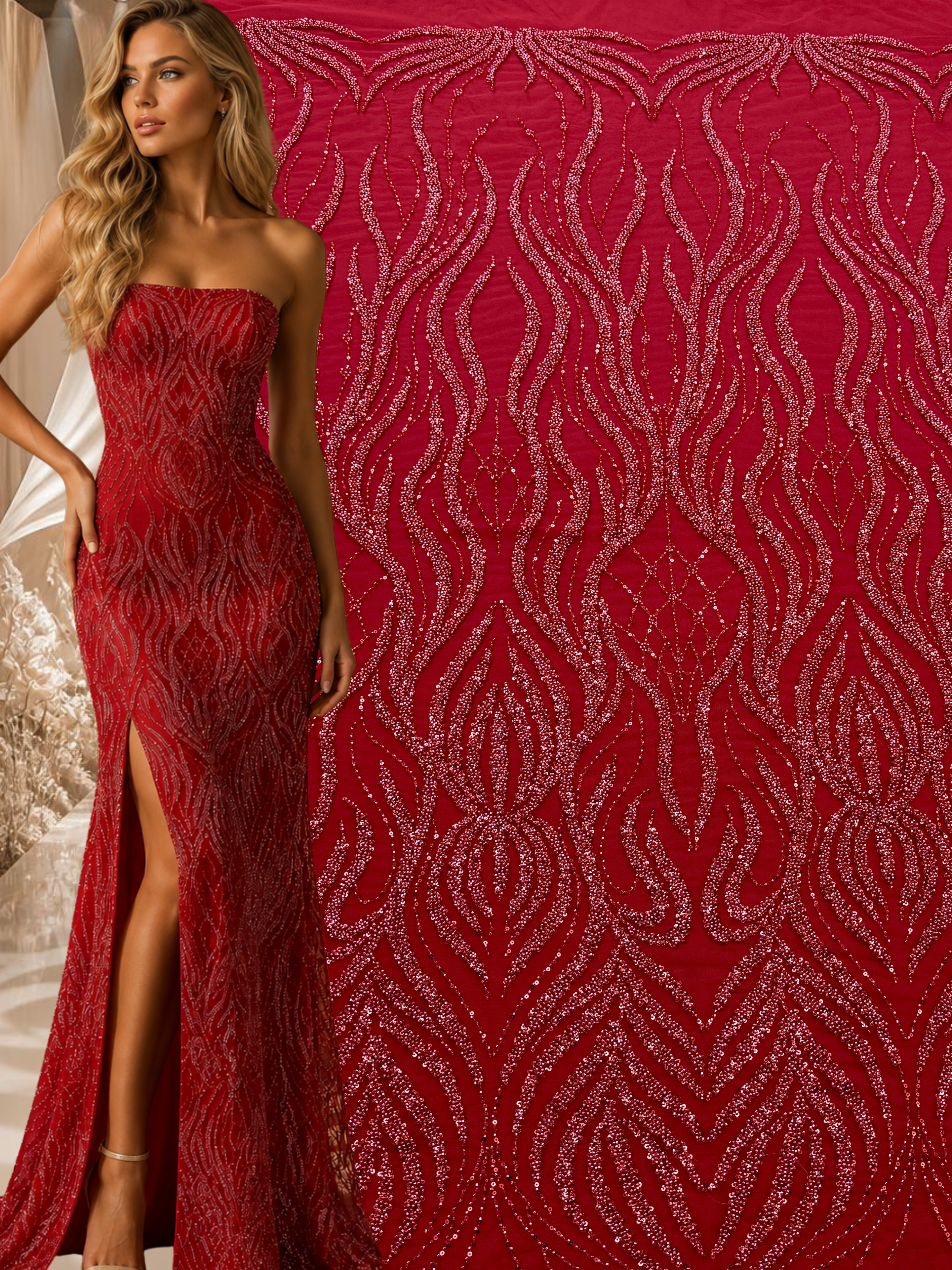 Dantela Couture Rosie cu Model Geometric, cu Margele si Paiete