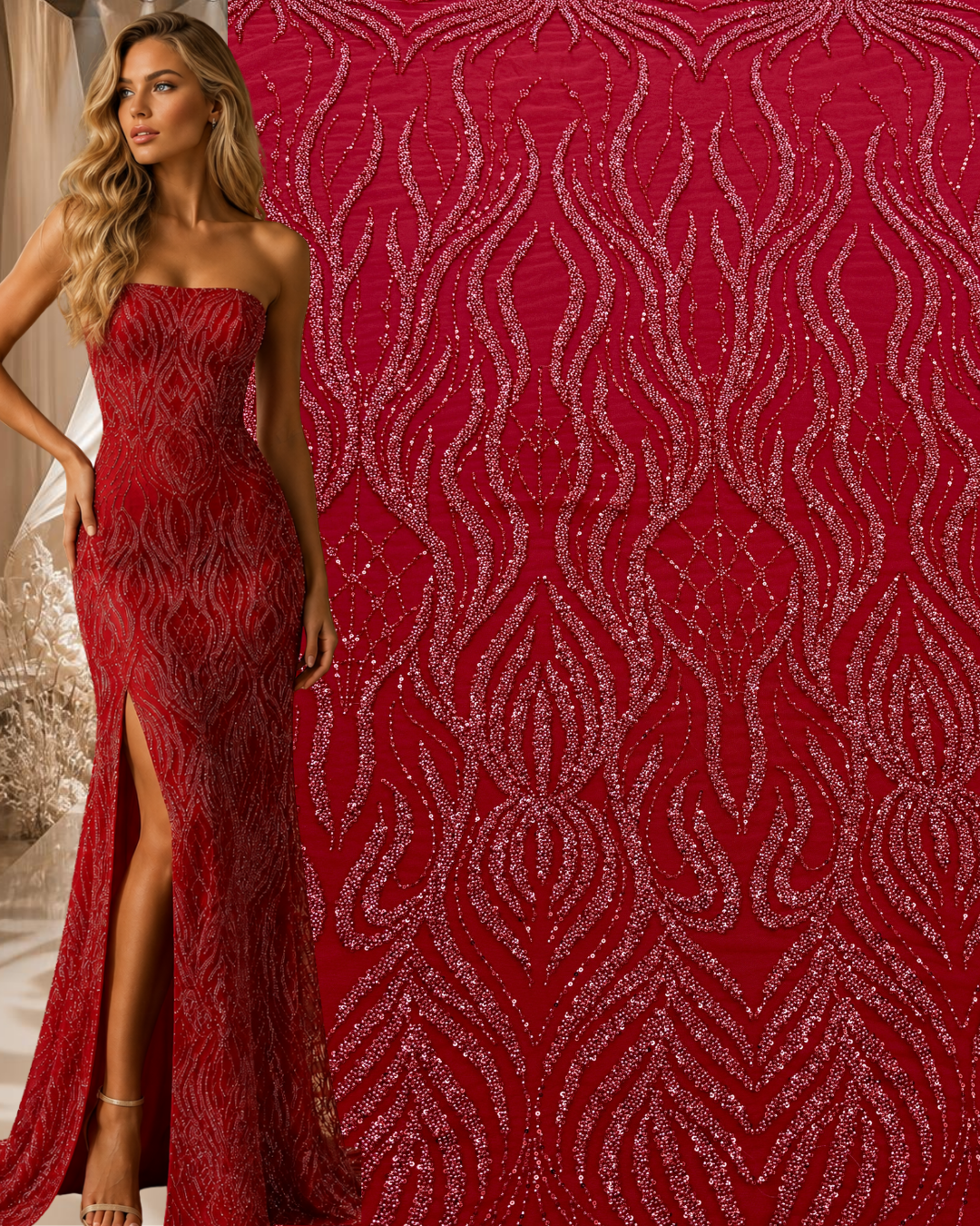 Dantela Couture Rosie cu Model Geometric, cu Margele si Paiete
