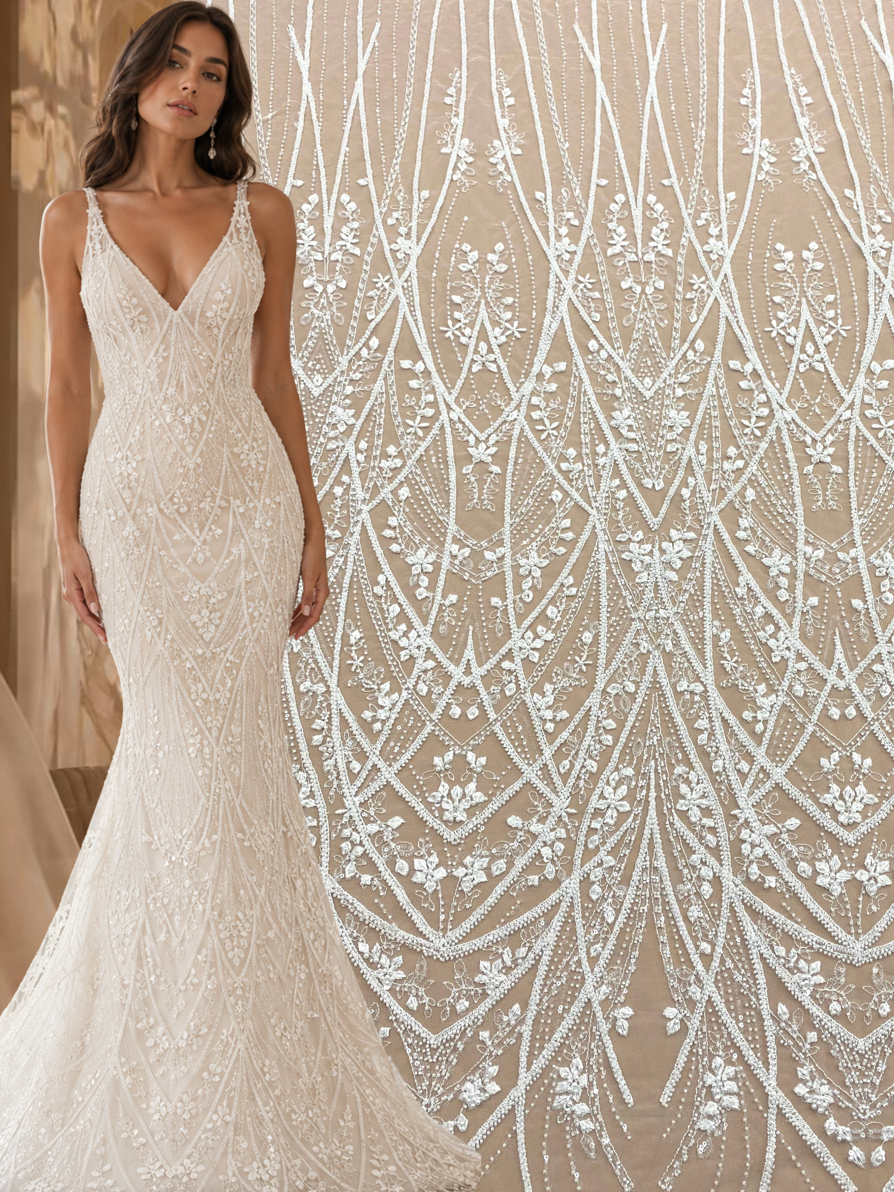 Dantela Couture Ivory cu Model Geometric, cu Perle, Margele si Paiete