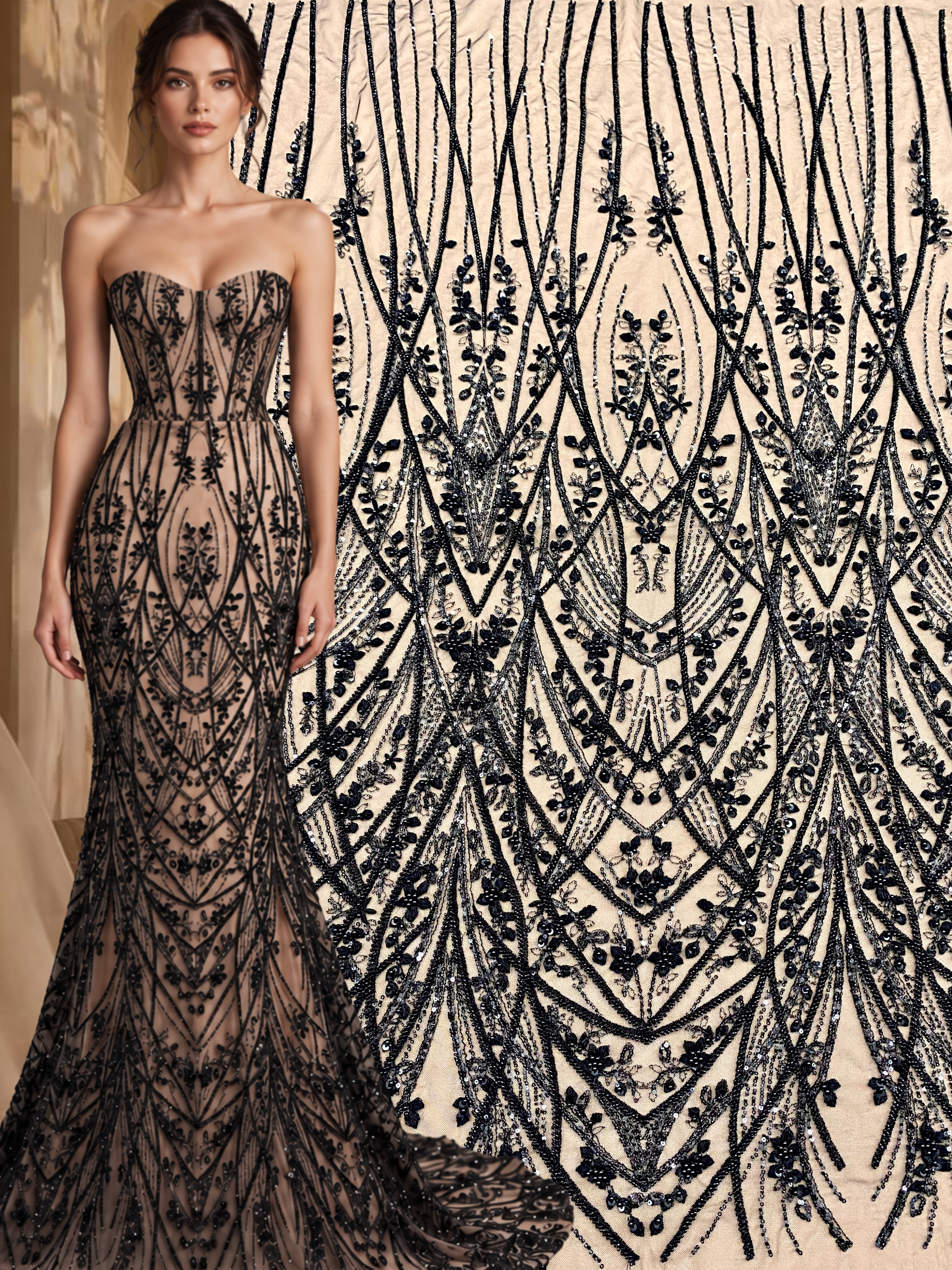 Black Couture Lace with Geometric Pattern, with Pearls, Beads and Sequins
