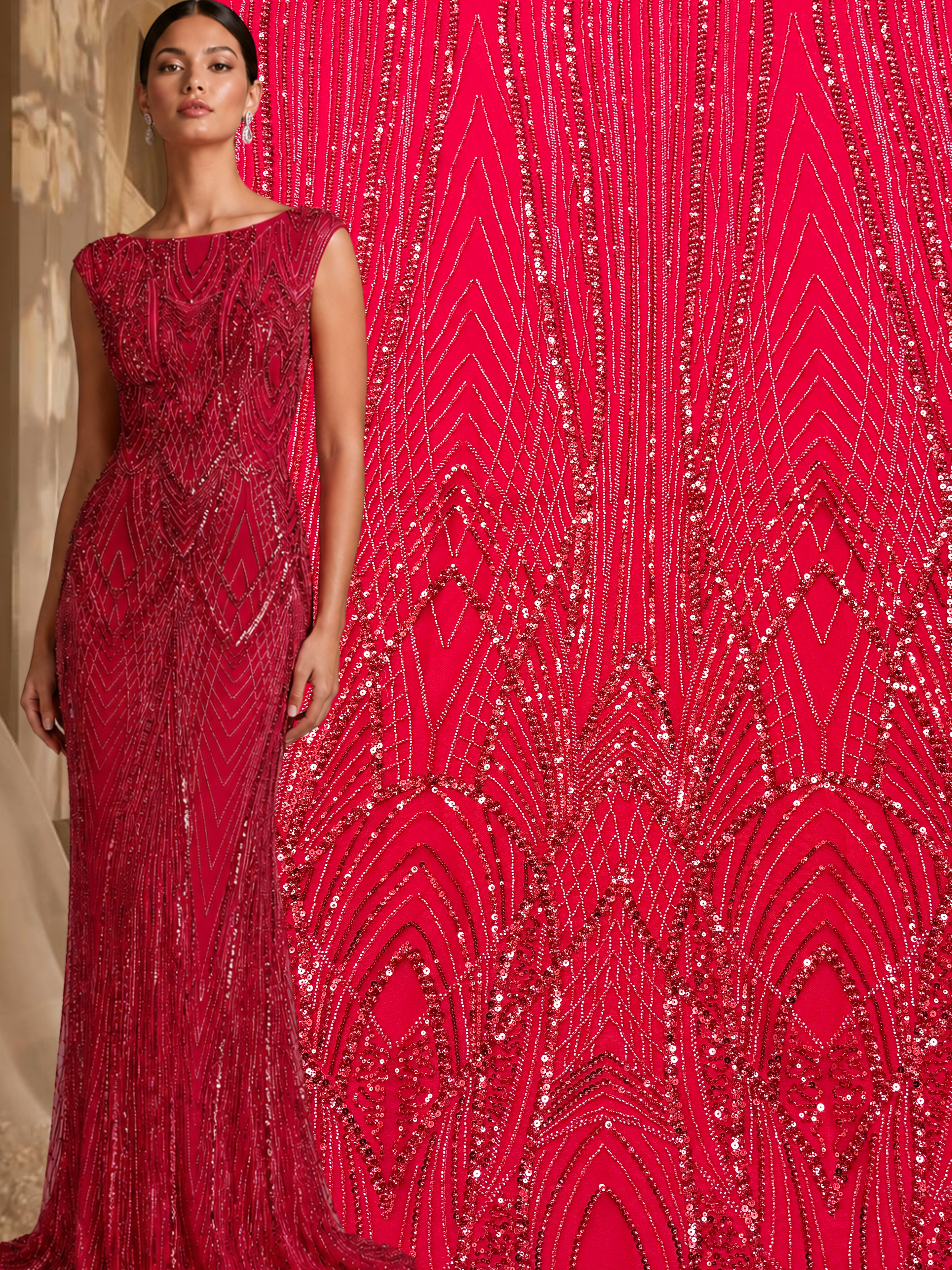 Red Couture Lace with Panel, Beads and Sequins