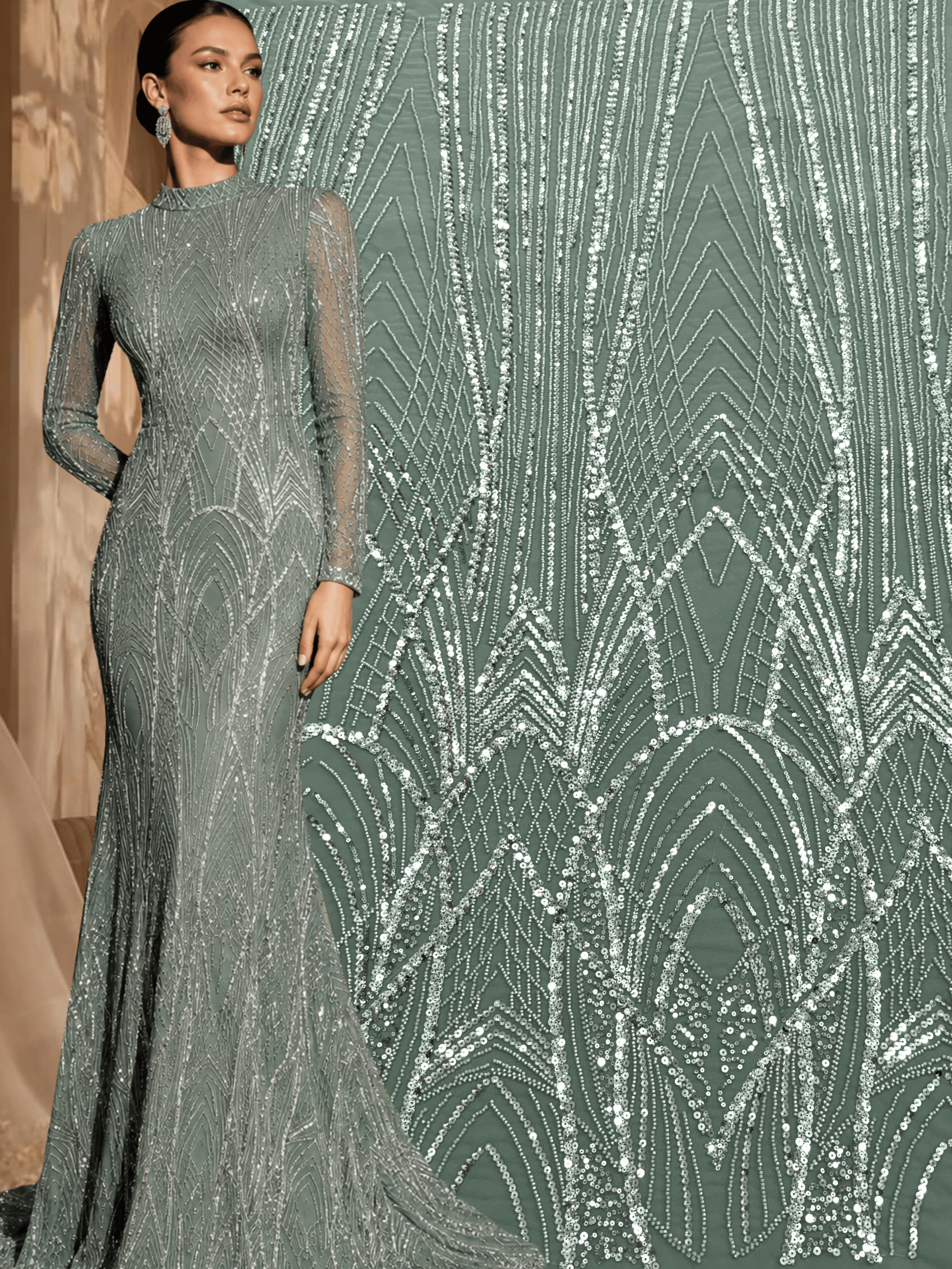 Dantela Couture Verde Prafuit cu Panou, cu Margele si Paiete