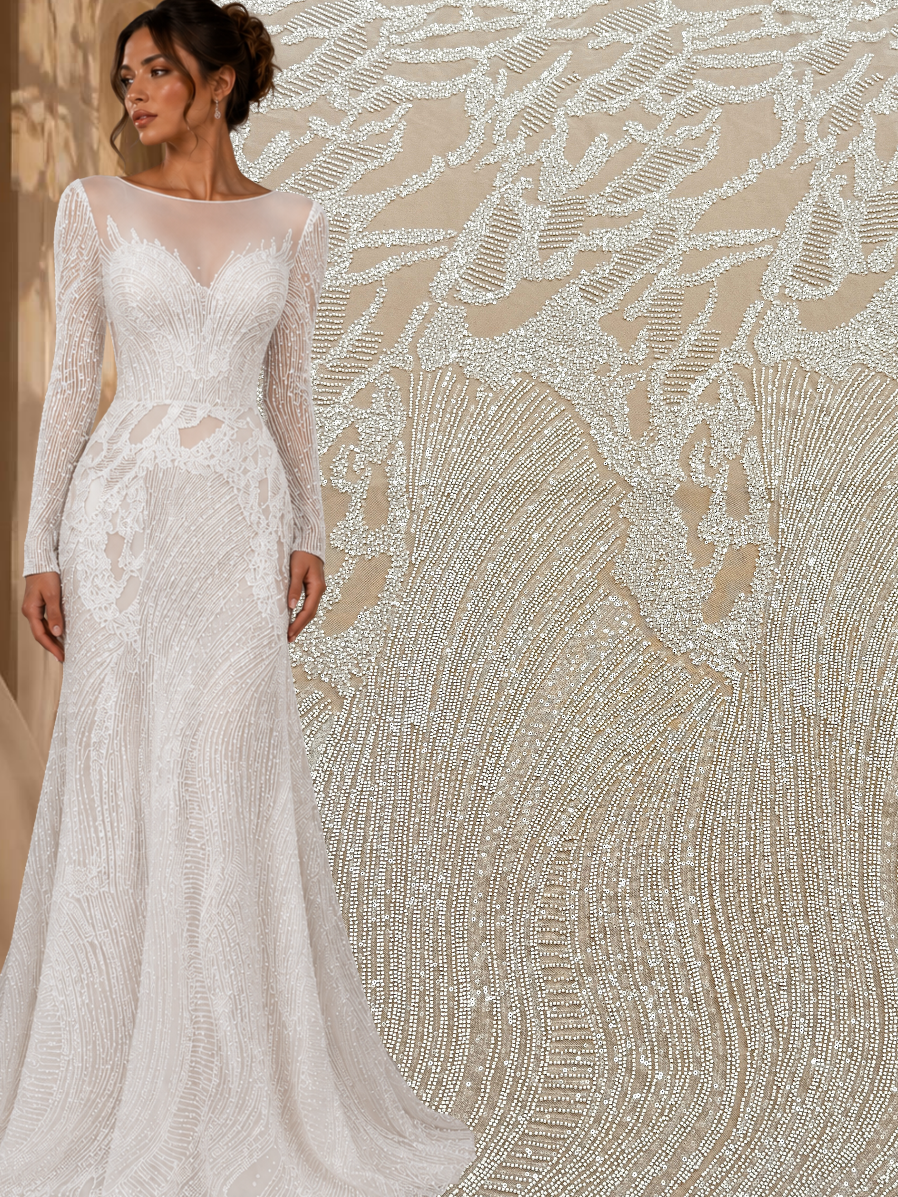 Dantela Couture Ivory cu Model Geometric, cu Margele si Paiete