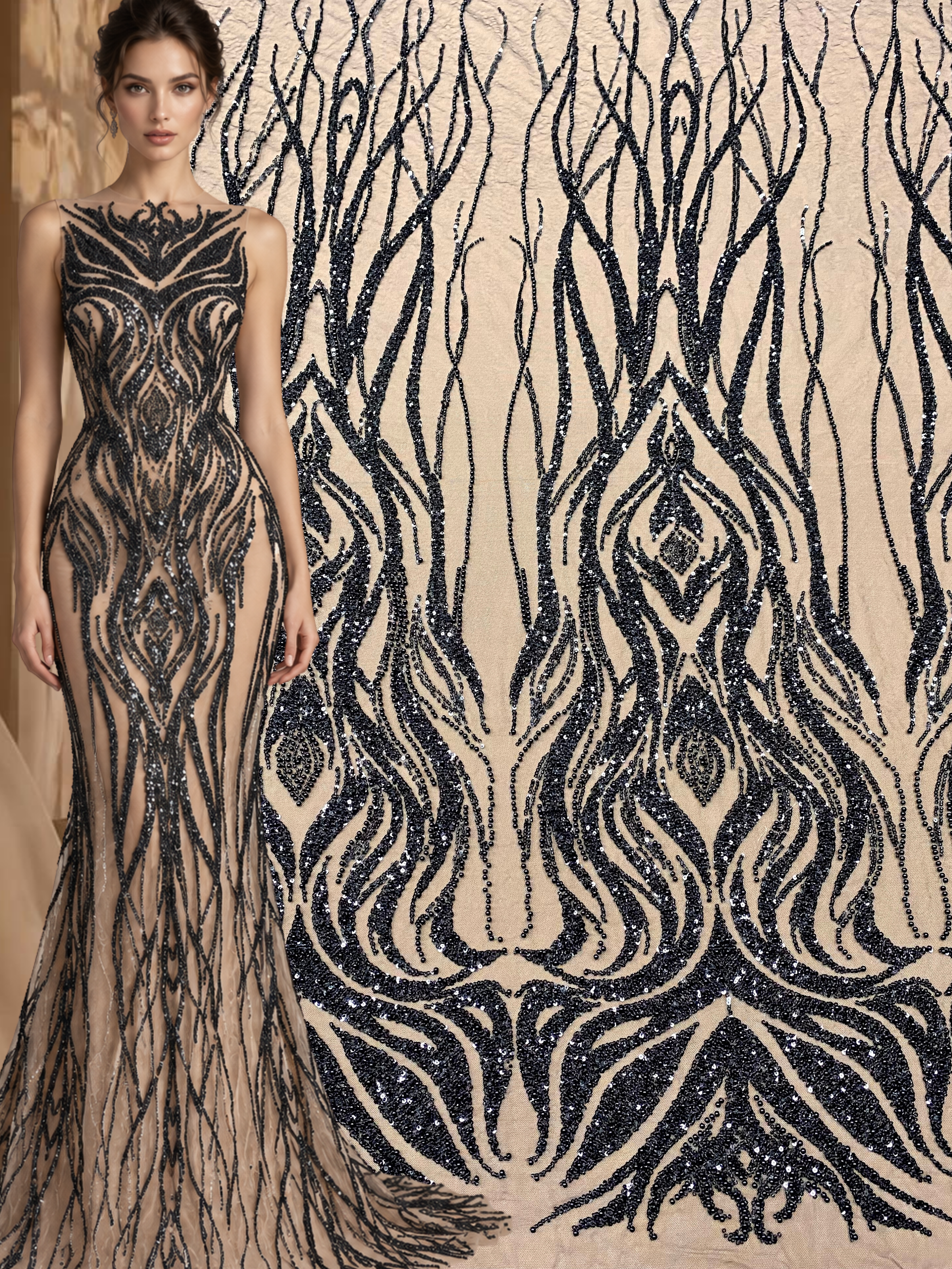 Black Couture Lace with Geometric Pattern, with Pearls, Beads and Sequins