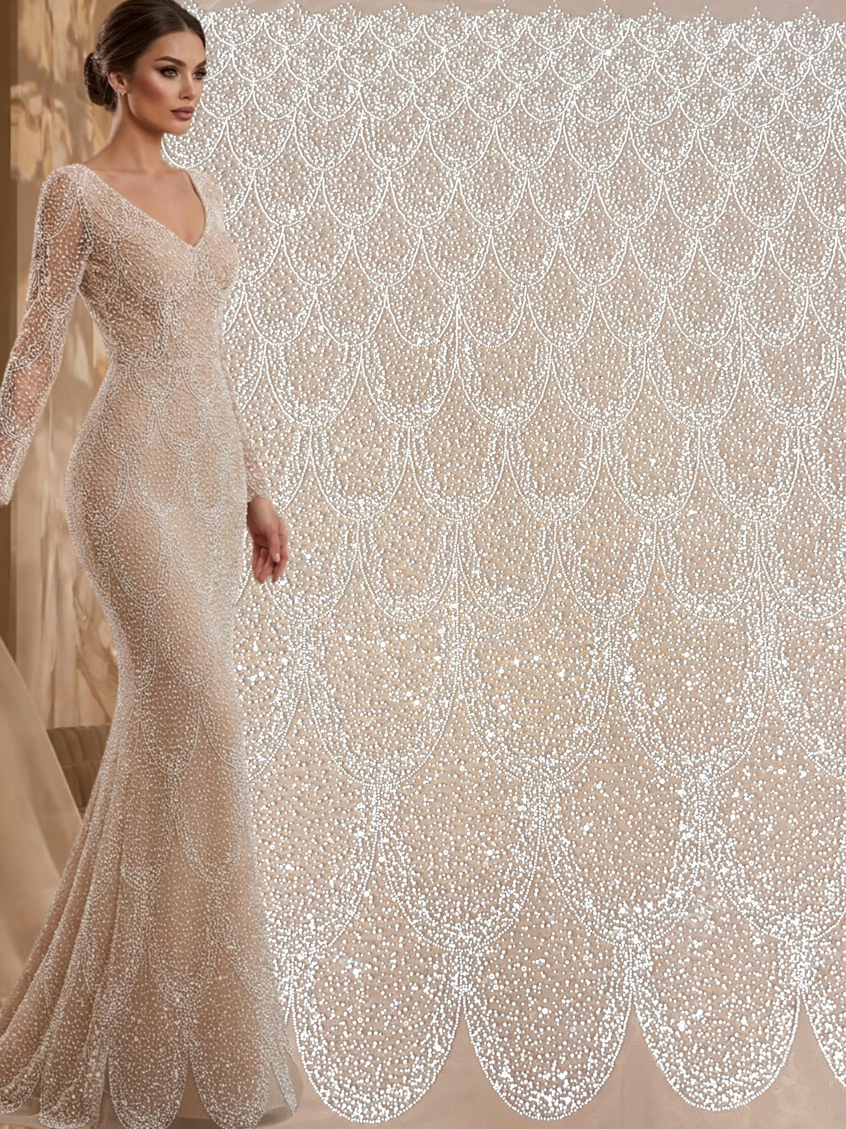Ivory Lace with Geometric Pattern, with Pearls, Beads and Sequins