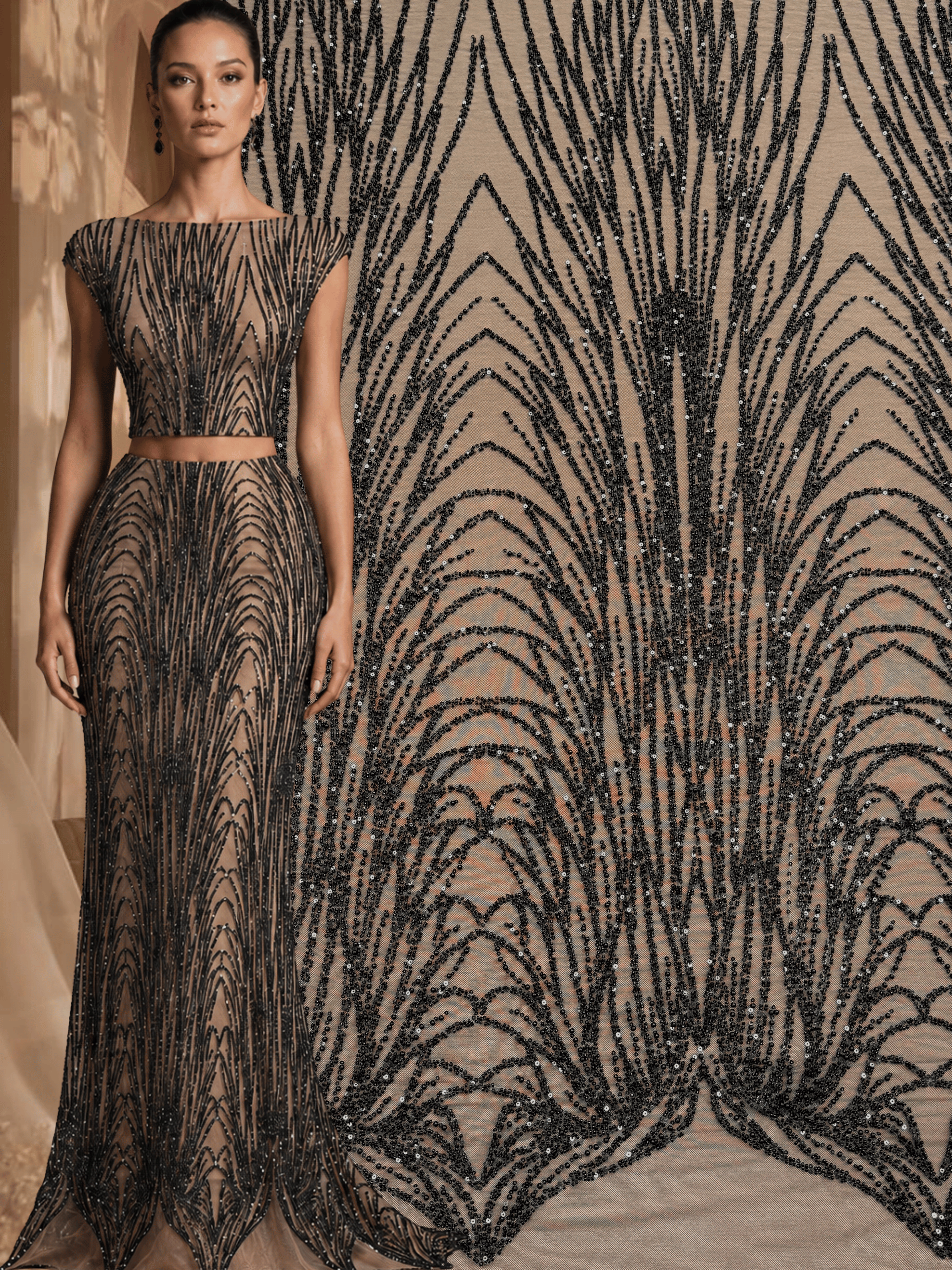 Dantela Couture Neagra cu Model Liniar, cu Margele si Paiete