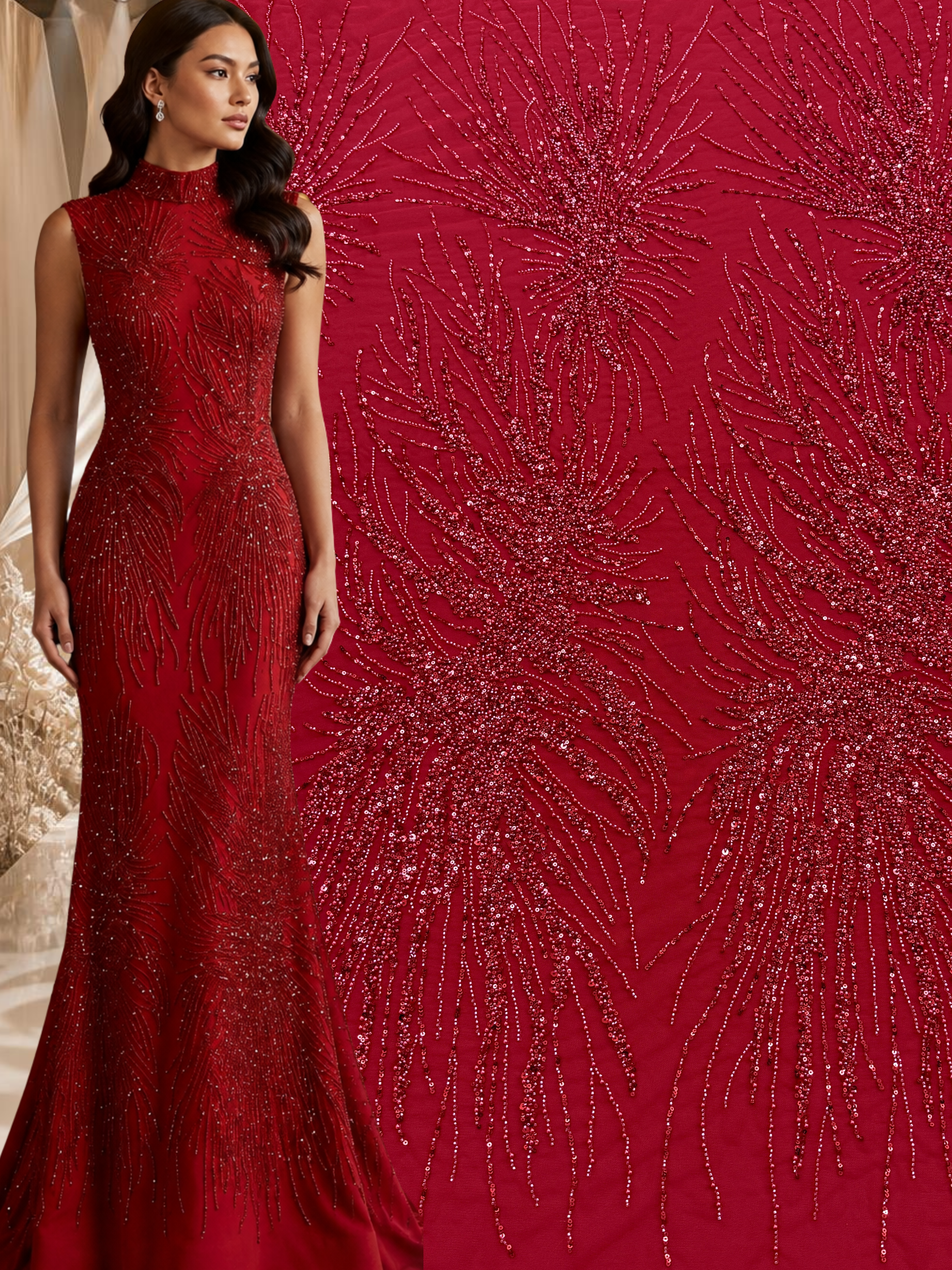 Dantela Couture Rosie cu Model Liniar, cu Perle, Margele si Paiete