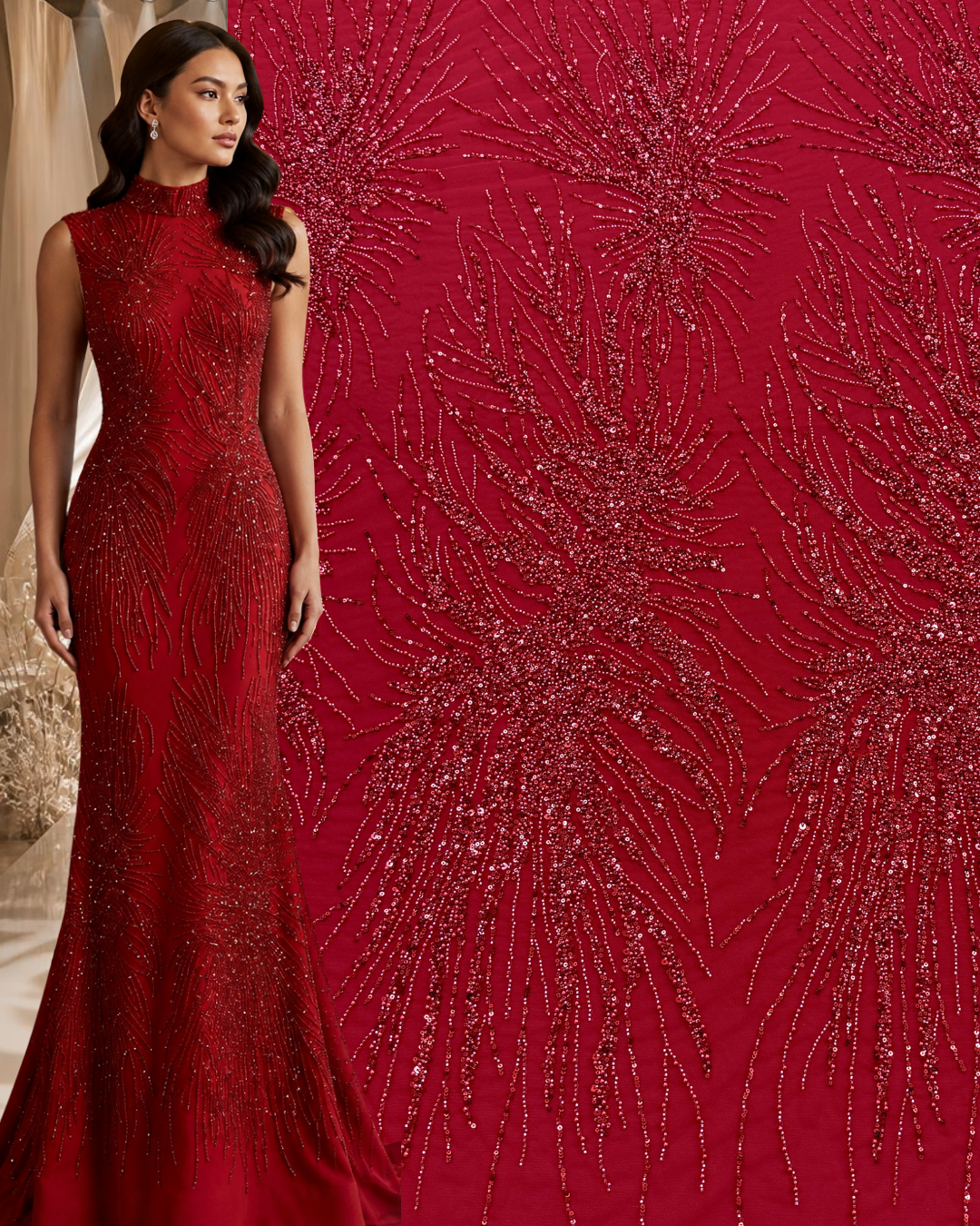 Dantela Couture Rosie cu Model Liniar, cu Perle, Margele si Paiete