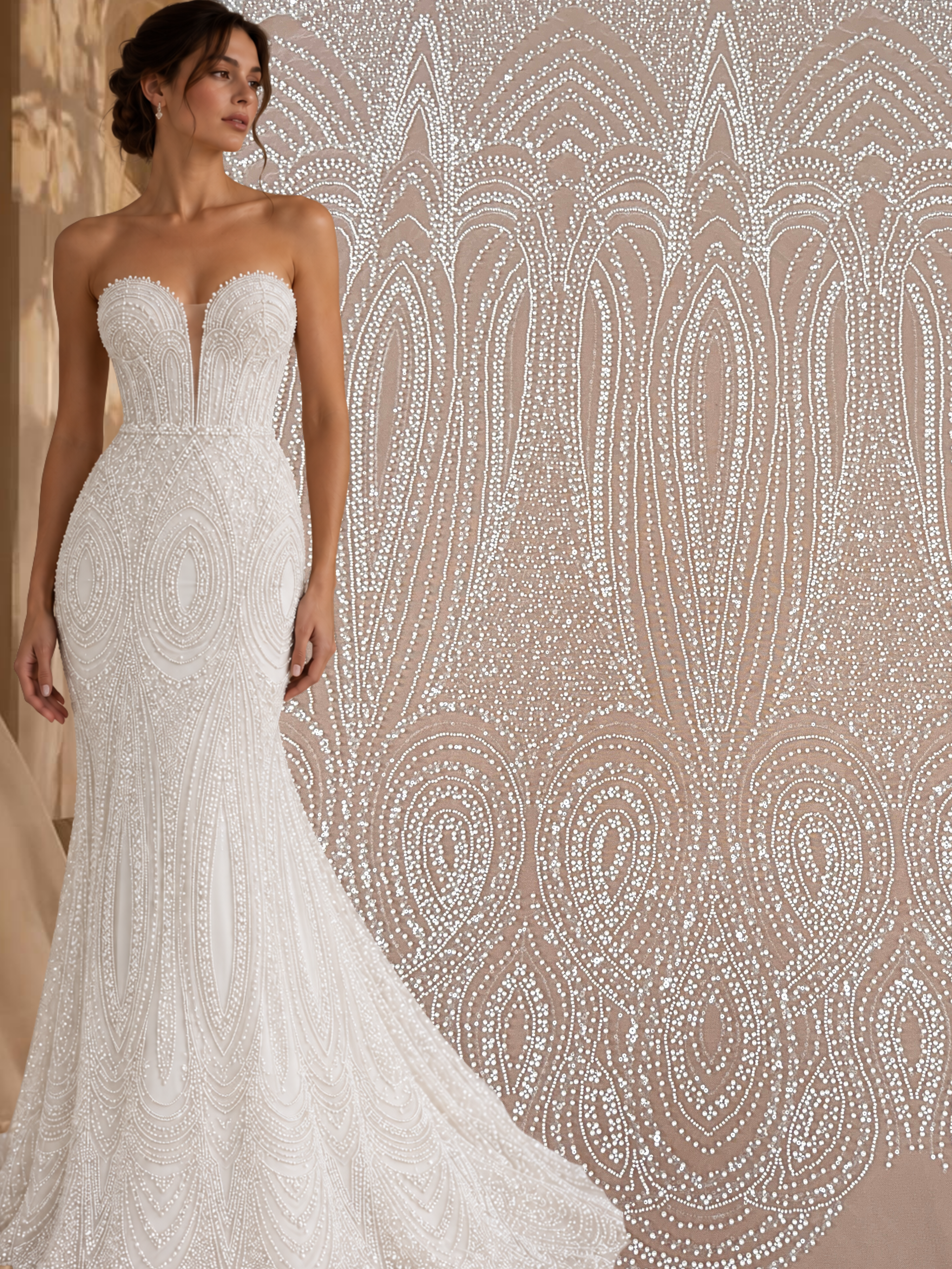 Ivory Lace with Geometric Pattern, with Pearls, Beads and Sequins