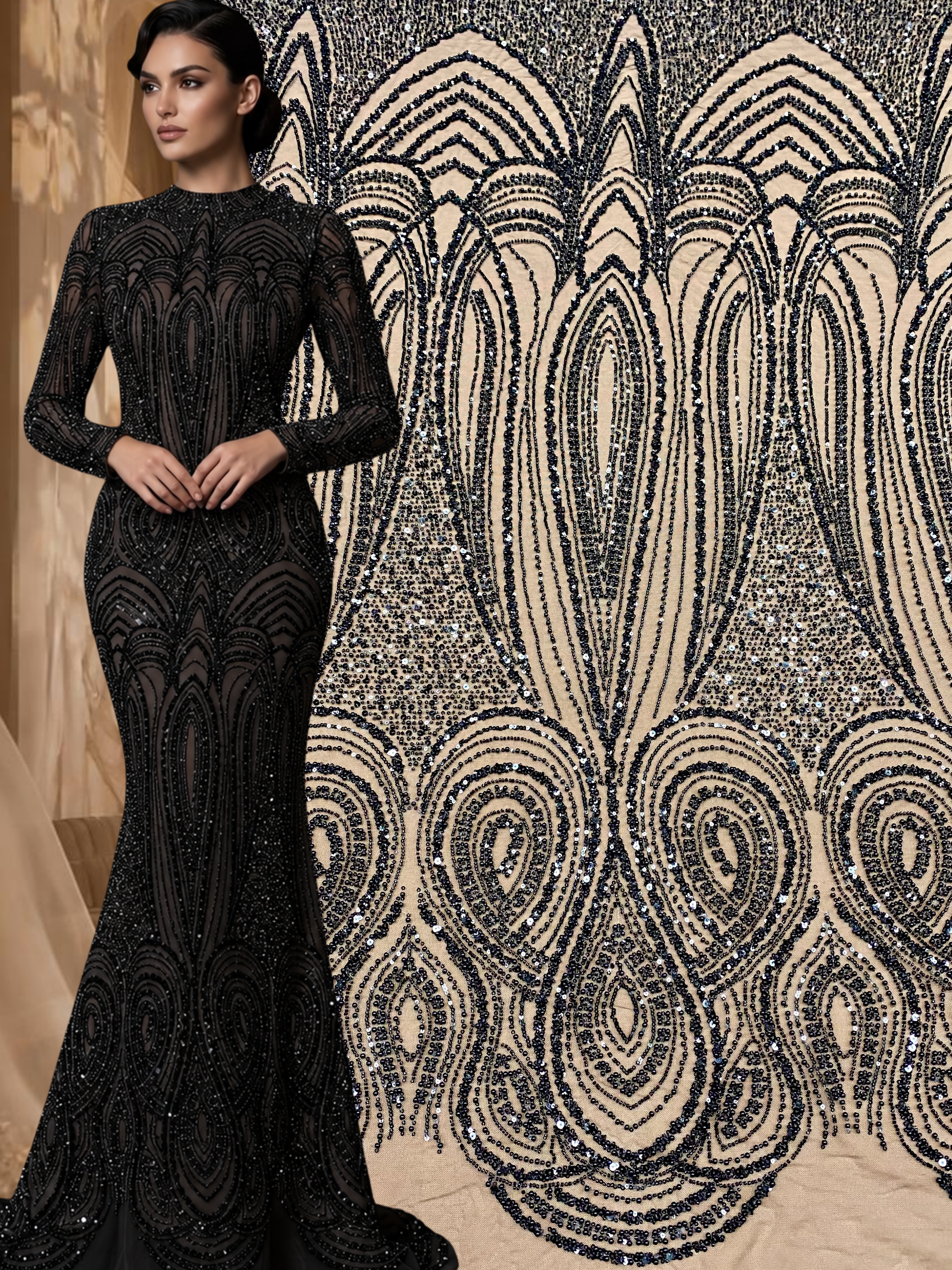 Black Couture Lace with Geometric Pattern, with Pearls, Beads and Sequins