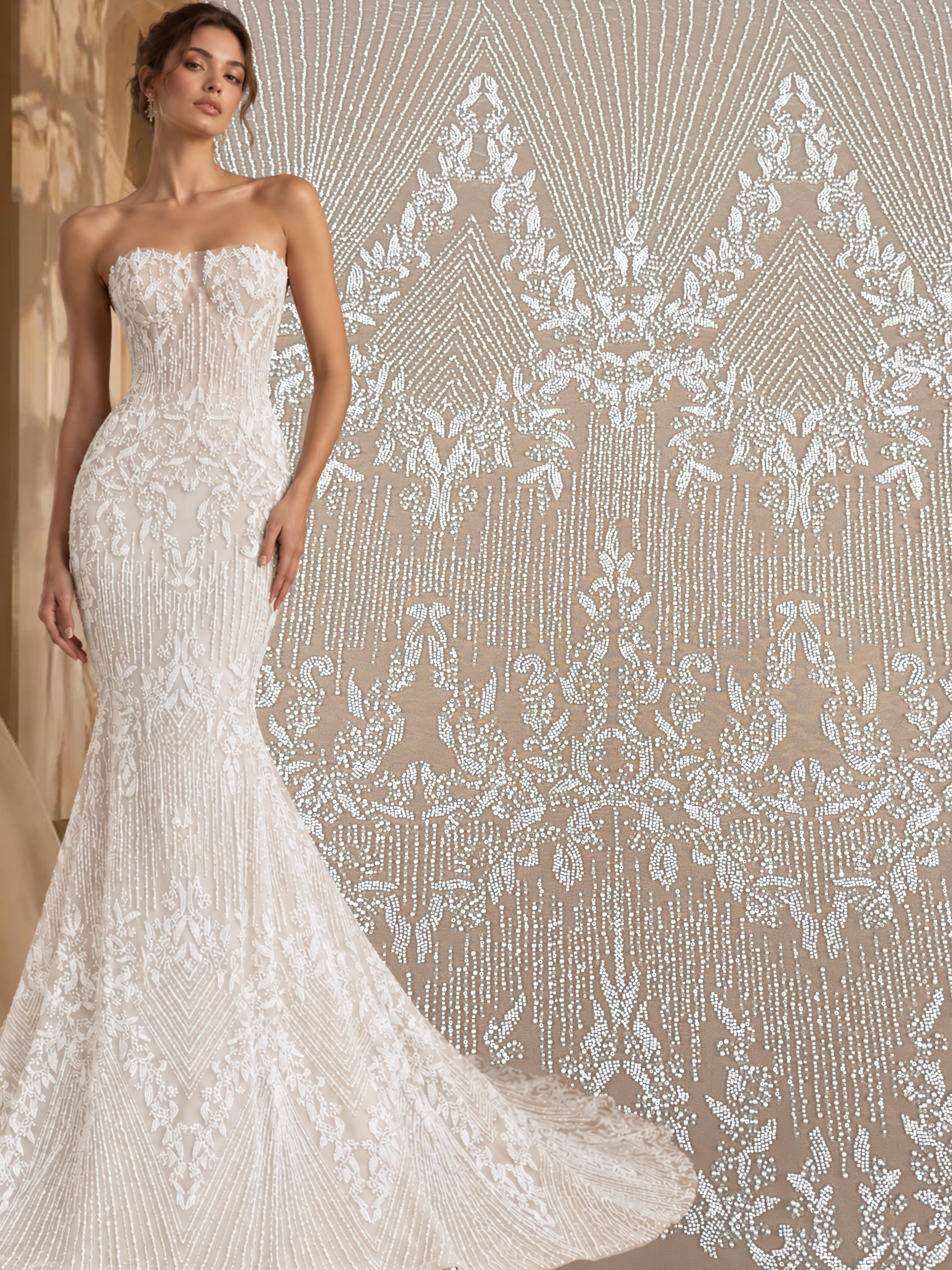 Ivory Lace with Geometric Pattern, with Pearls, Beads and Sequins