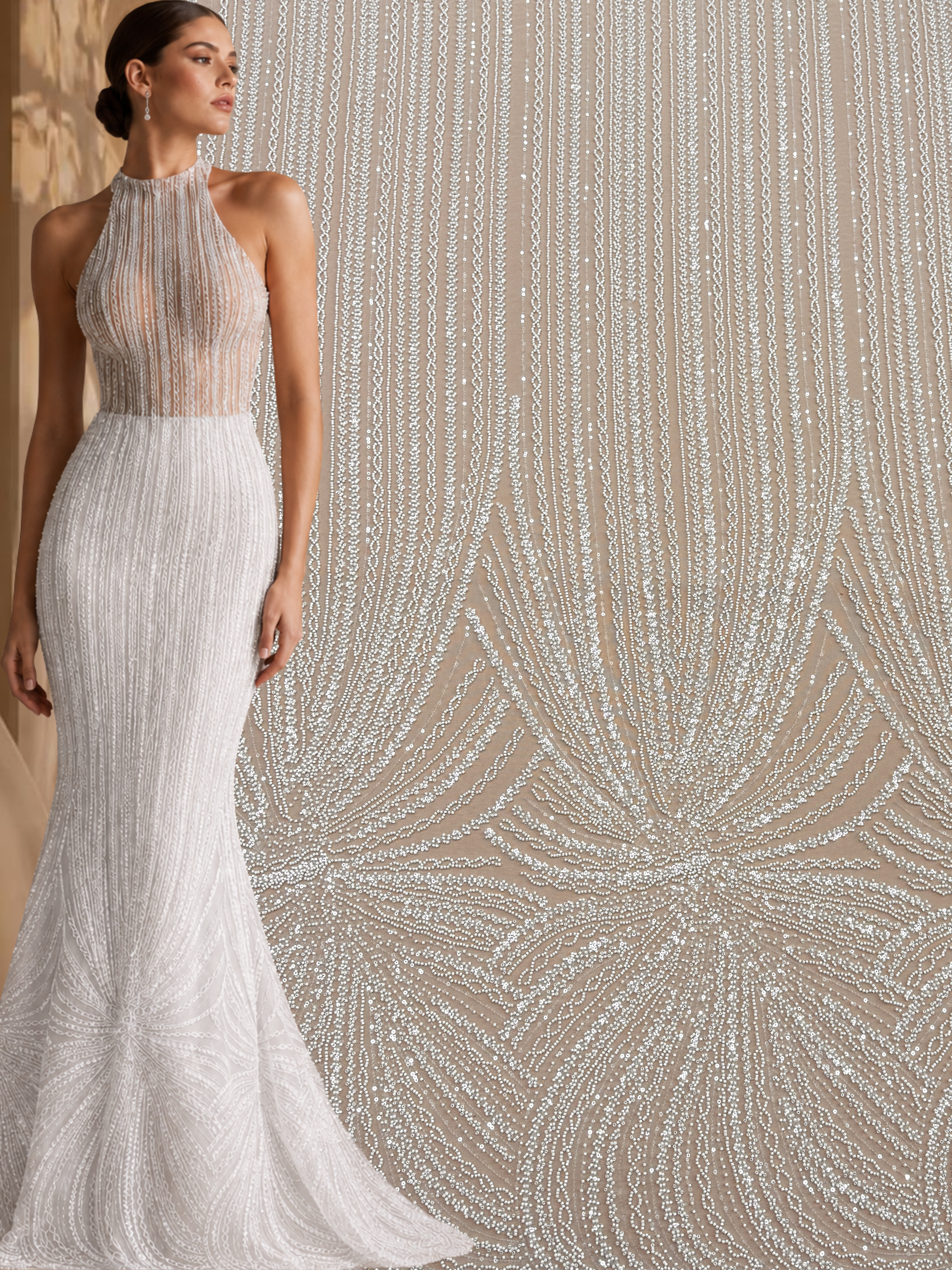 Csipke Couture Ivory lineáris mintával, gyöngyökkel és flitterekkel