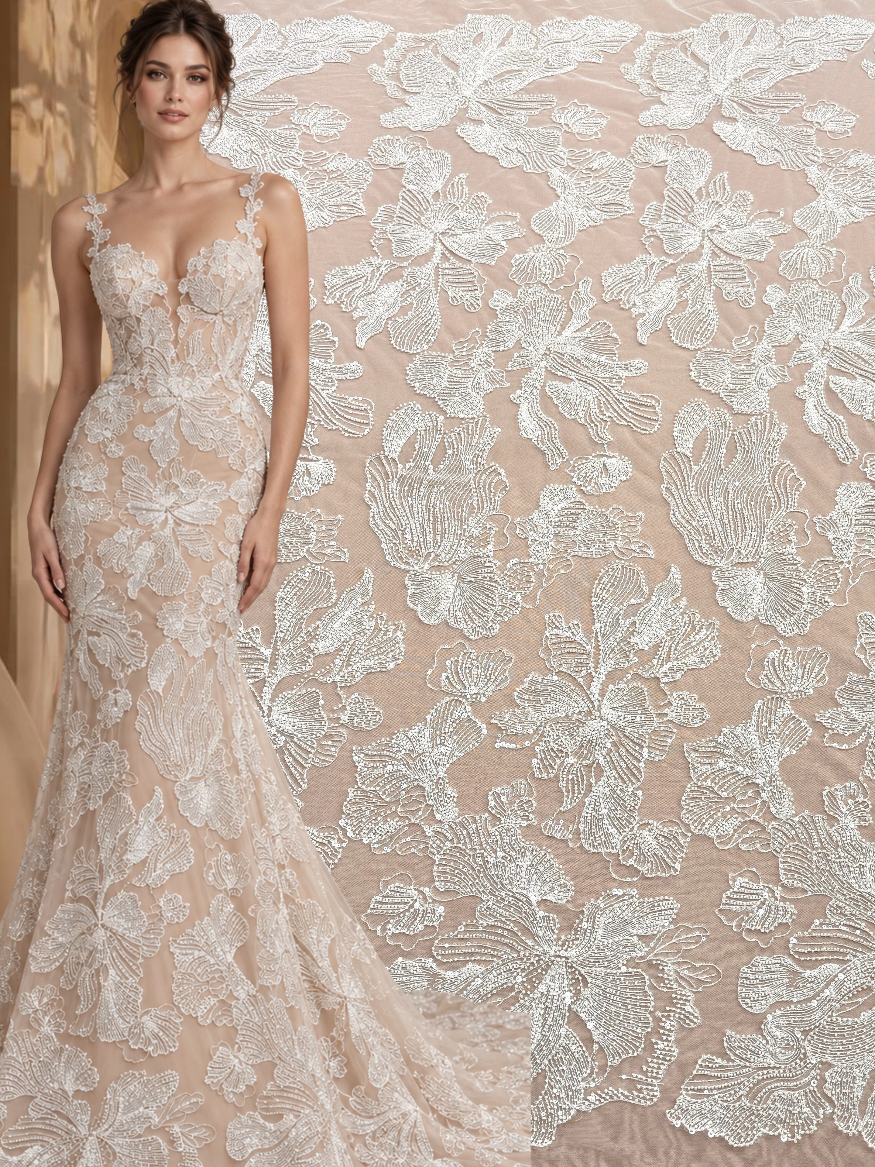 Dantela Couture Ivory cu Model Floral, cu Margele si Paiete