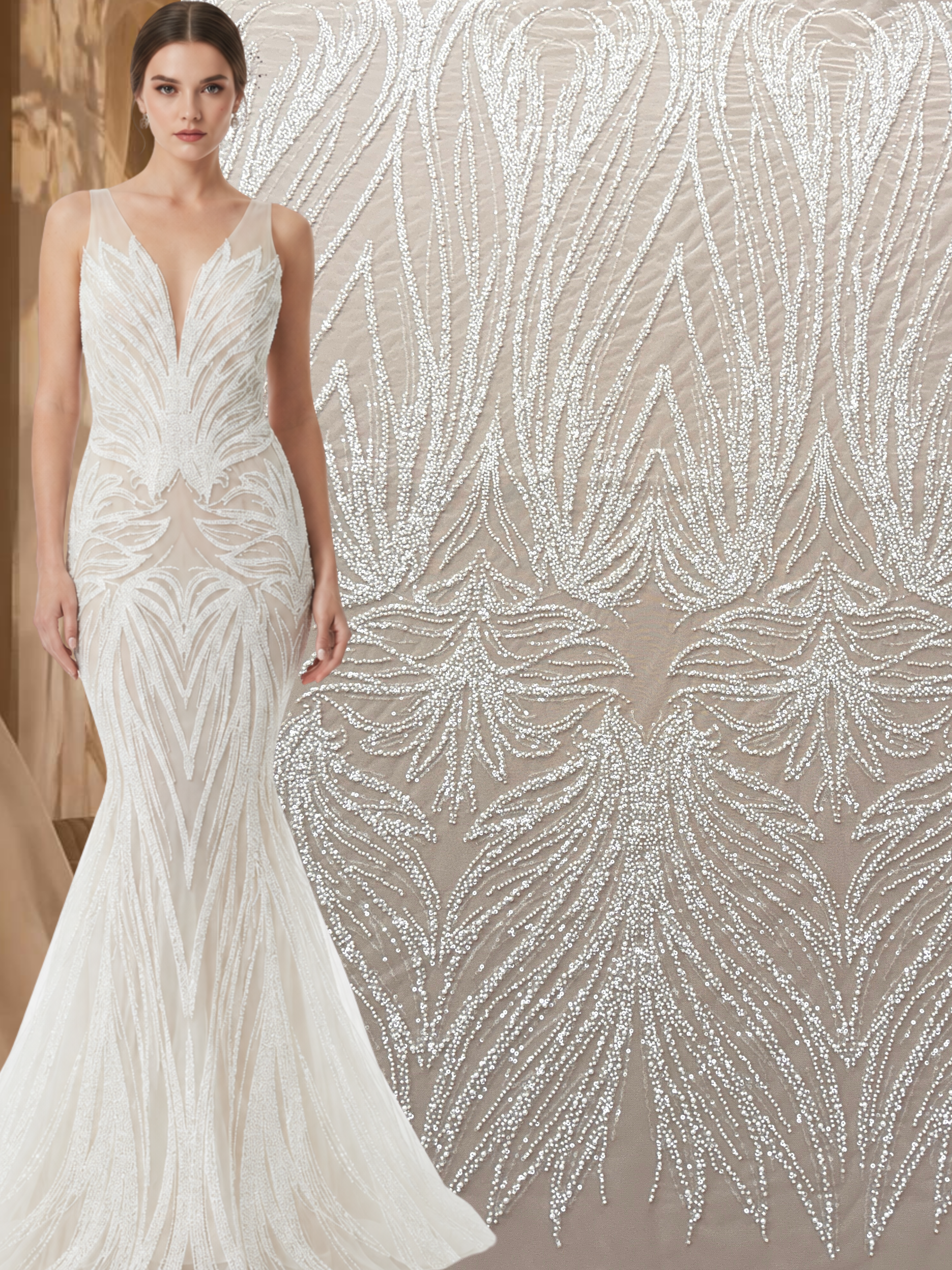 Dantela Couture Ivory cu Model Geometric, cu Perle, Margele si Paiete