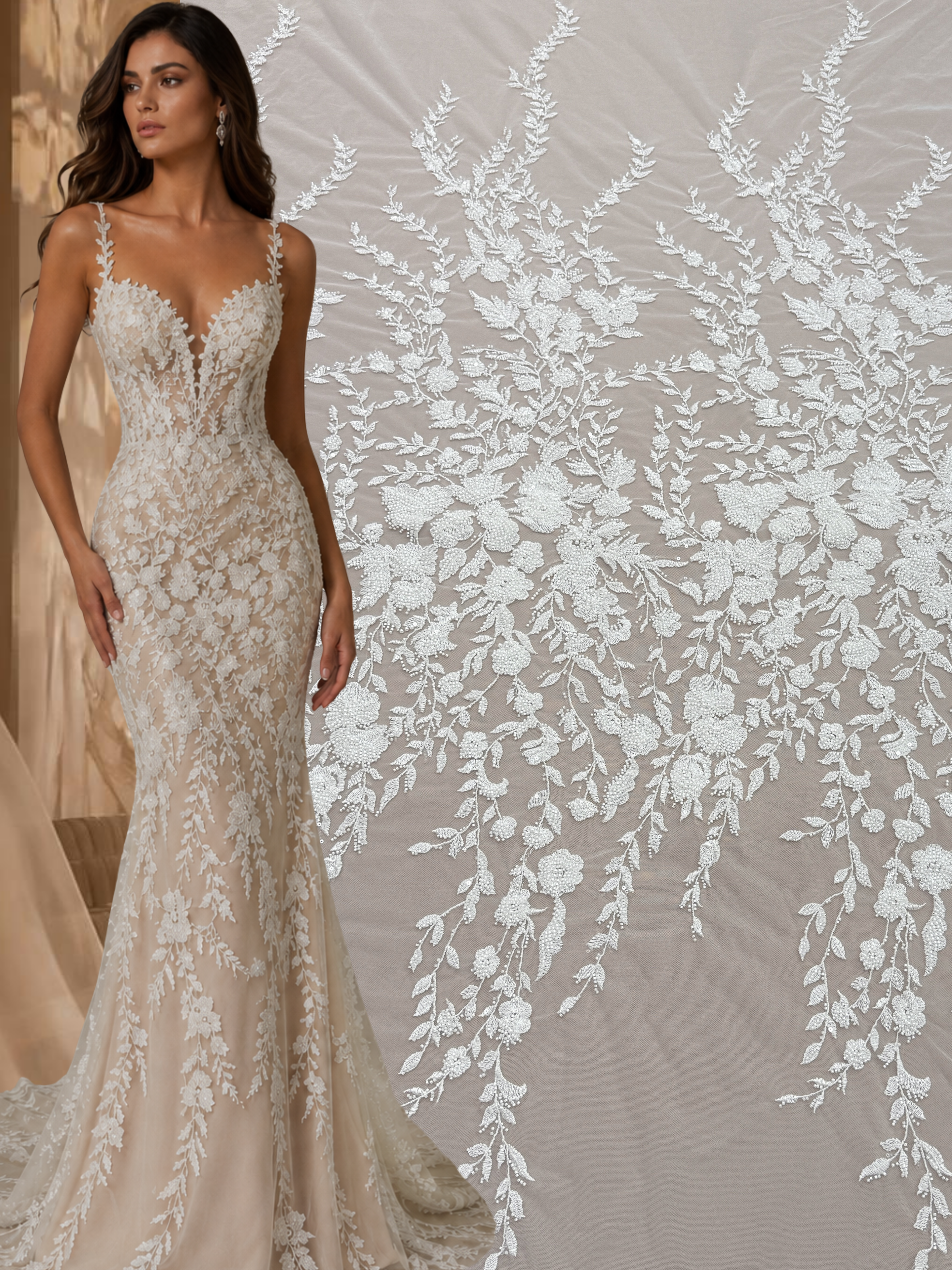 Dantela Couture Ivory cu Model Floral, cu Perle, Margele si Paiete