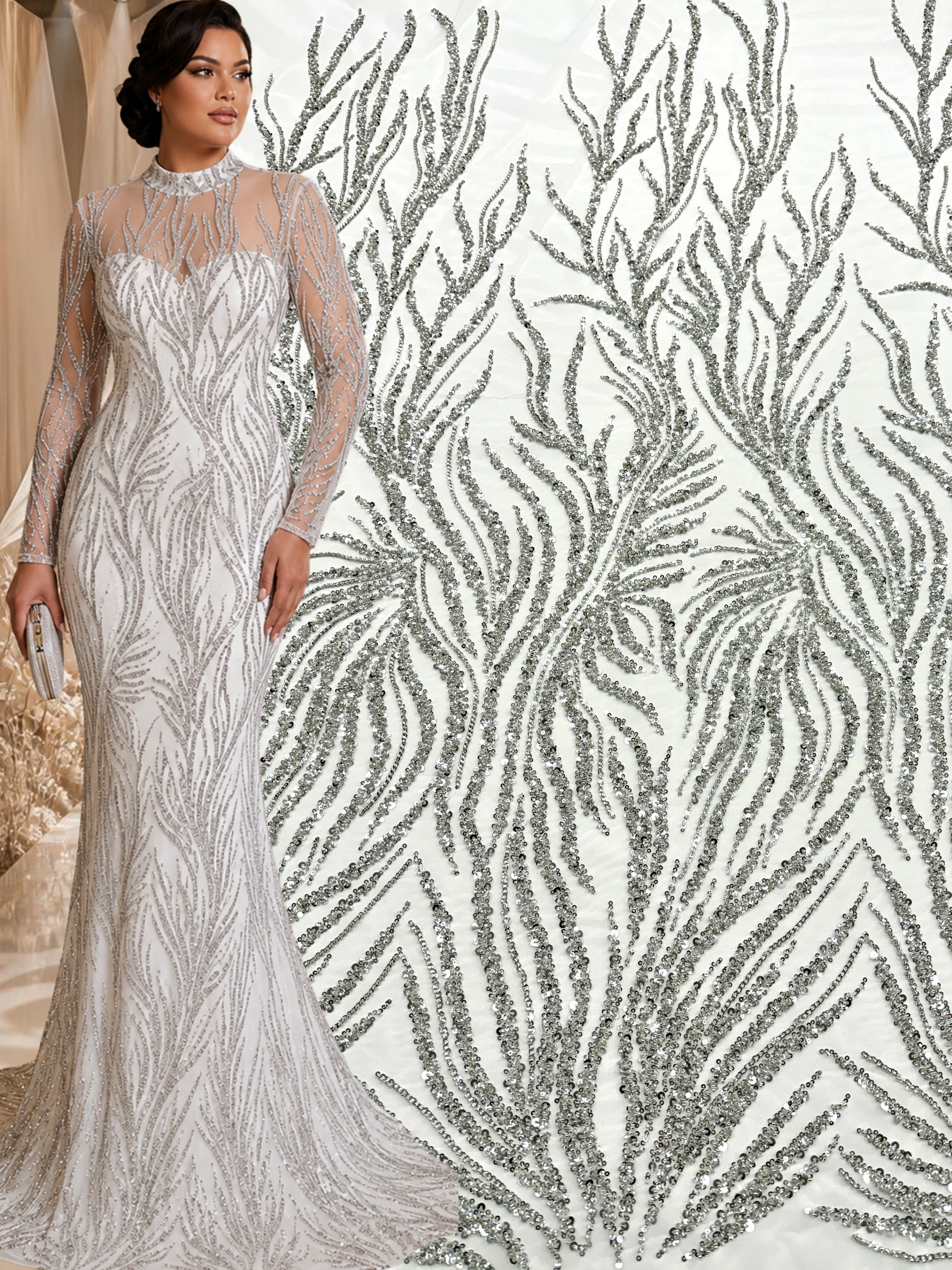 Dantela Couture Argintie pe Tulle Ivory cu Siraguri, cu Margele si Paiete