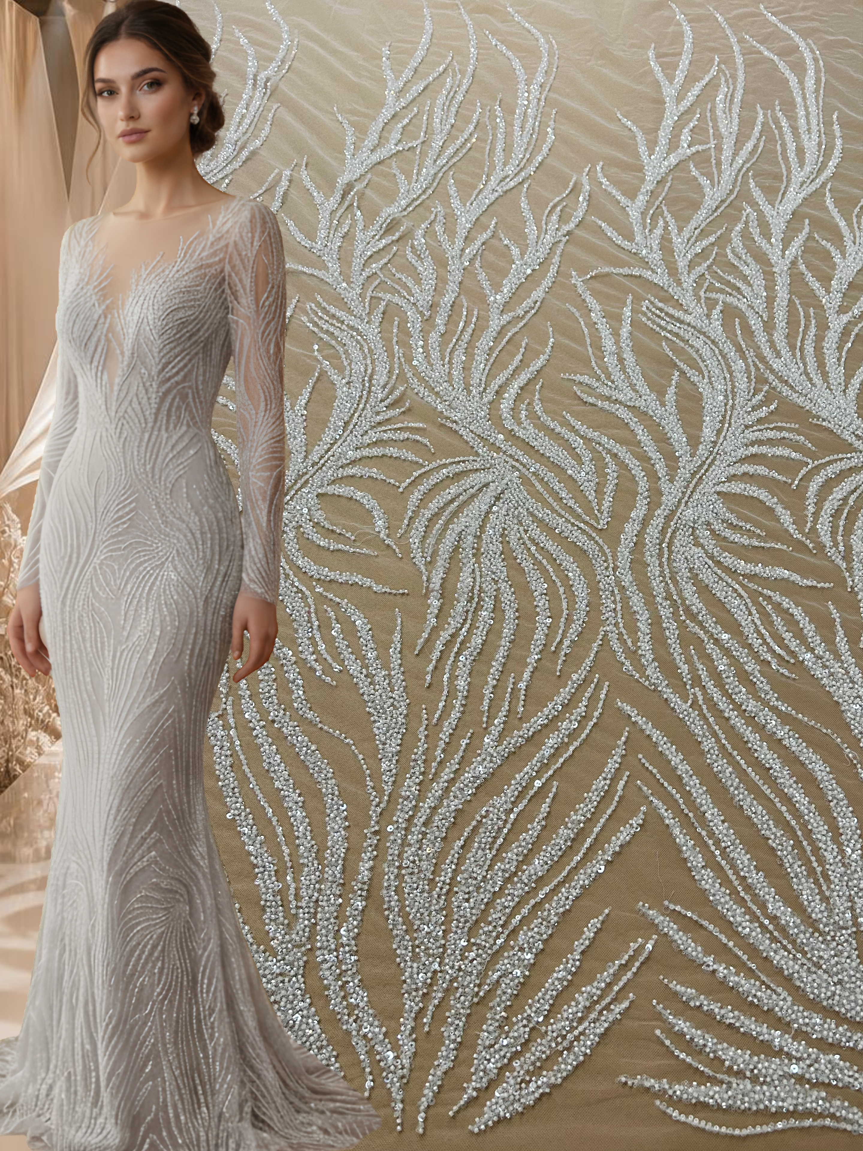 Dantela Couture Ivory cu Siraguri, cu Margele si Paiete