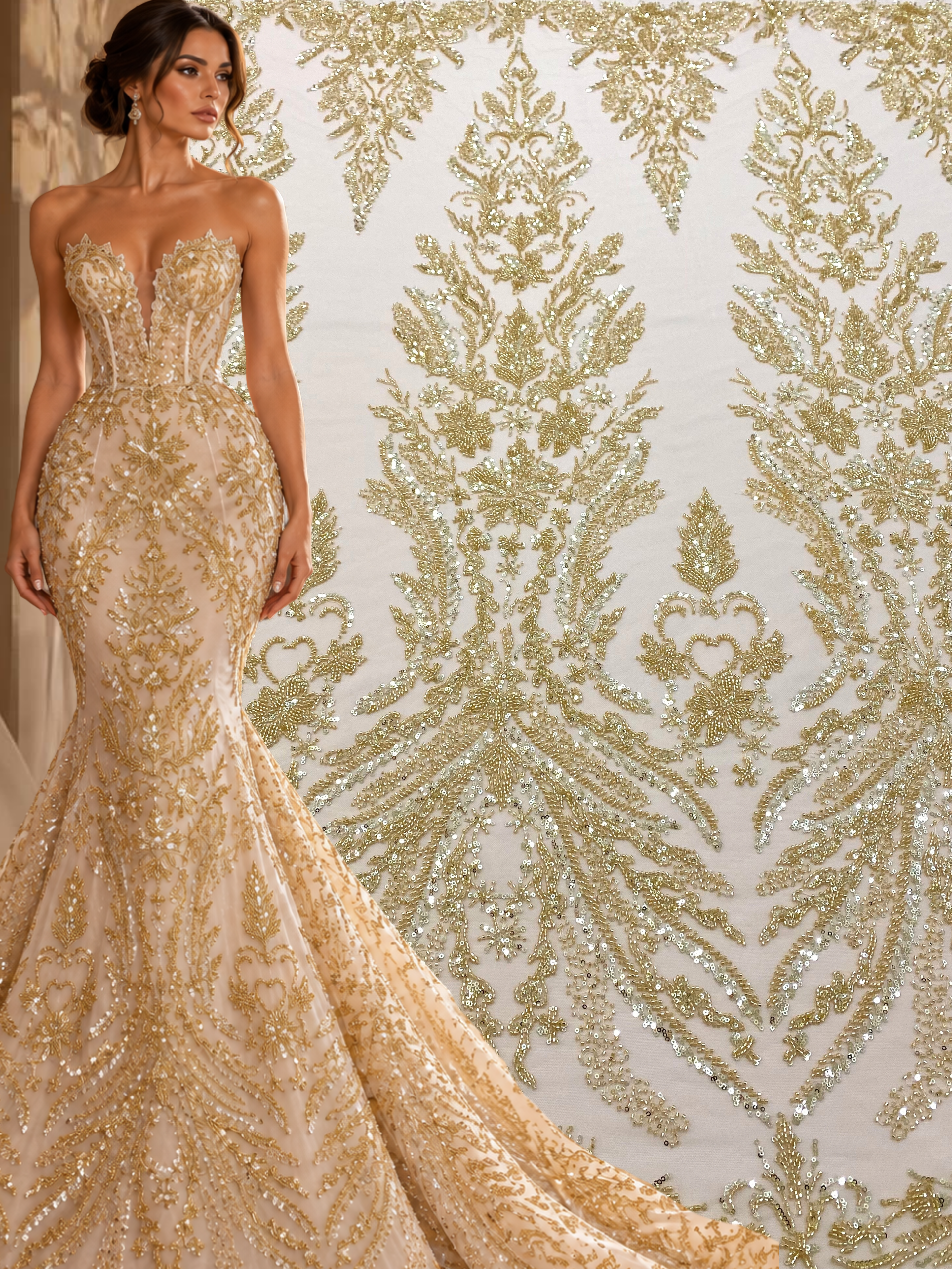 Dantela Couture Aurie cu Model Floral, cu Perle, Margele si Paiete