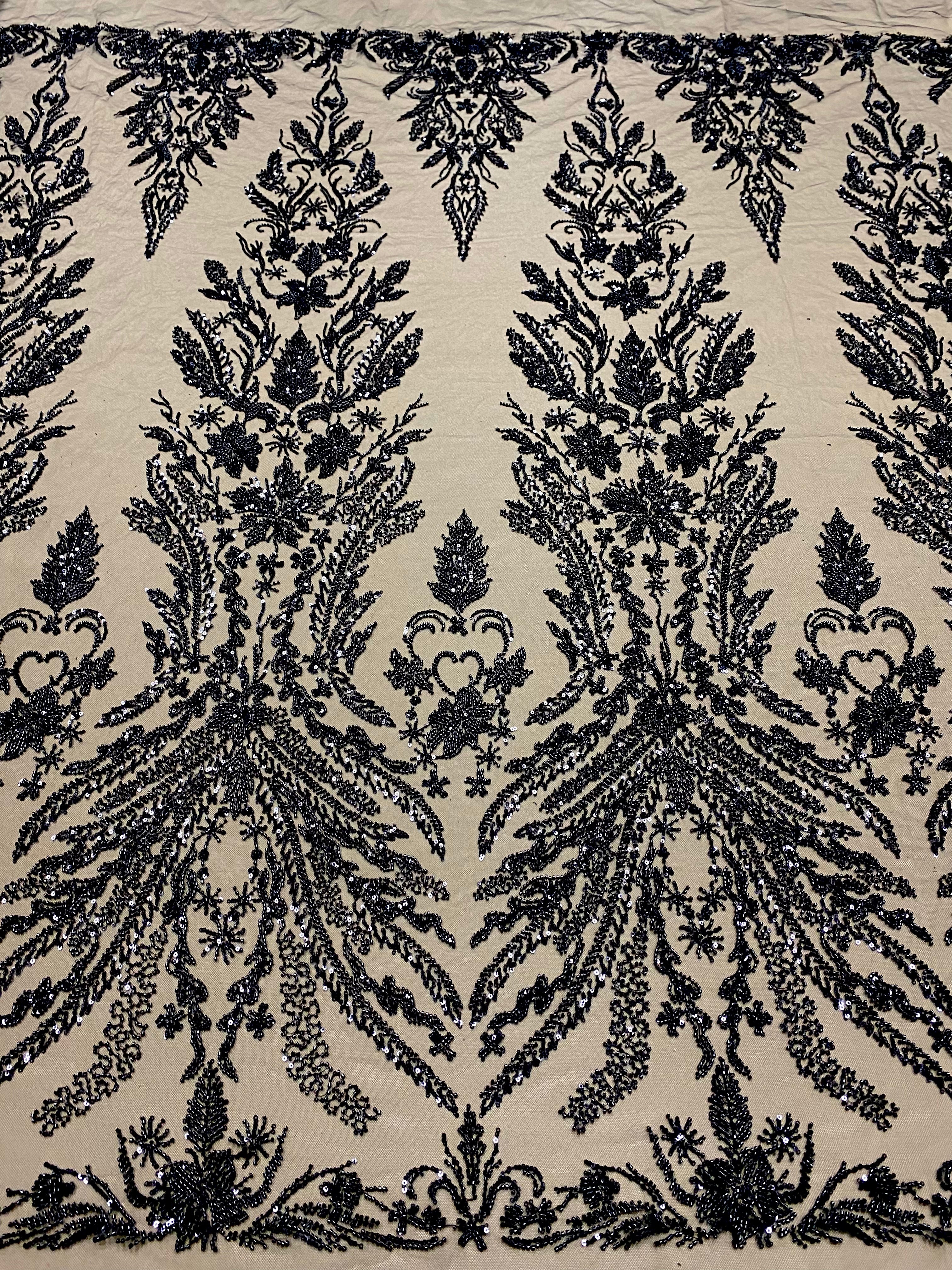 Black Couture Lace with Floral Pattern, with Pearls, Beads and Sequins 
