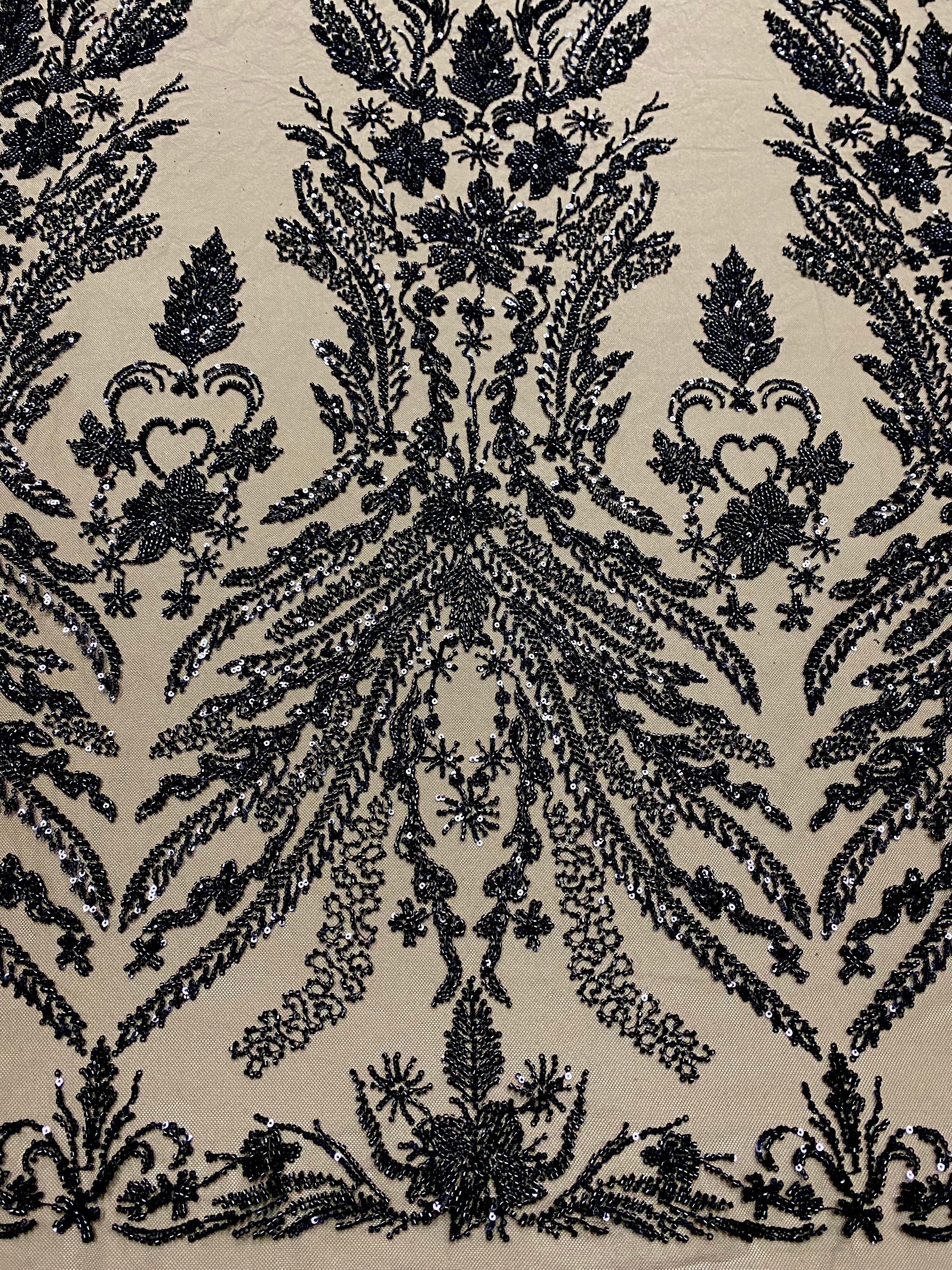 Black Couture Lace with Floral Pattern, with Pearls, Beads and Sequins 