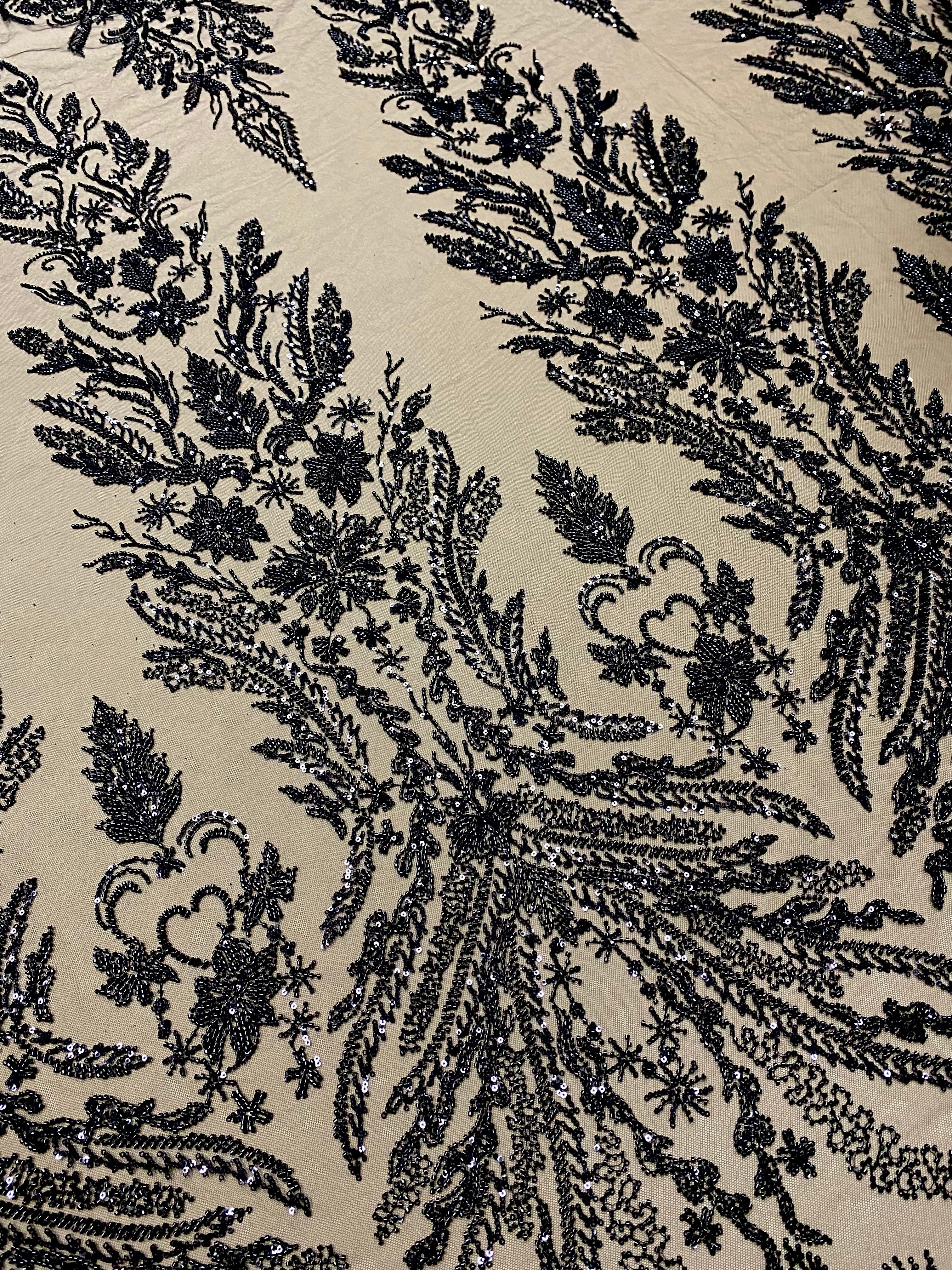 Black Couture Lace with Floral Pattern, with Pearls, Beads and Sequins 