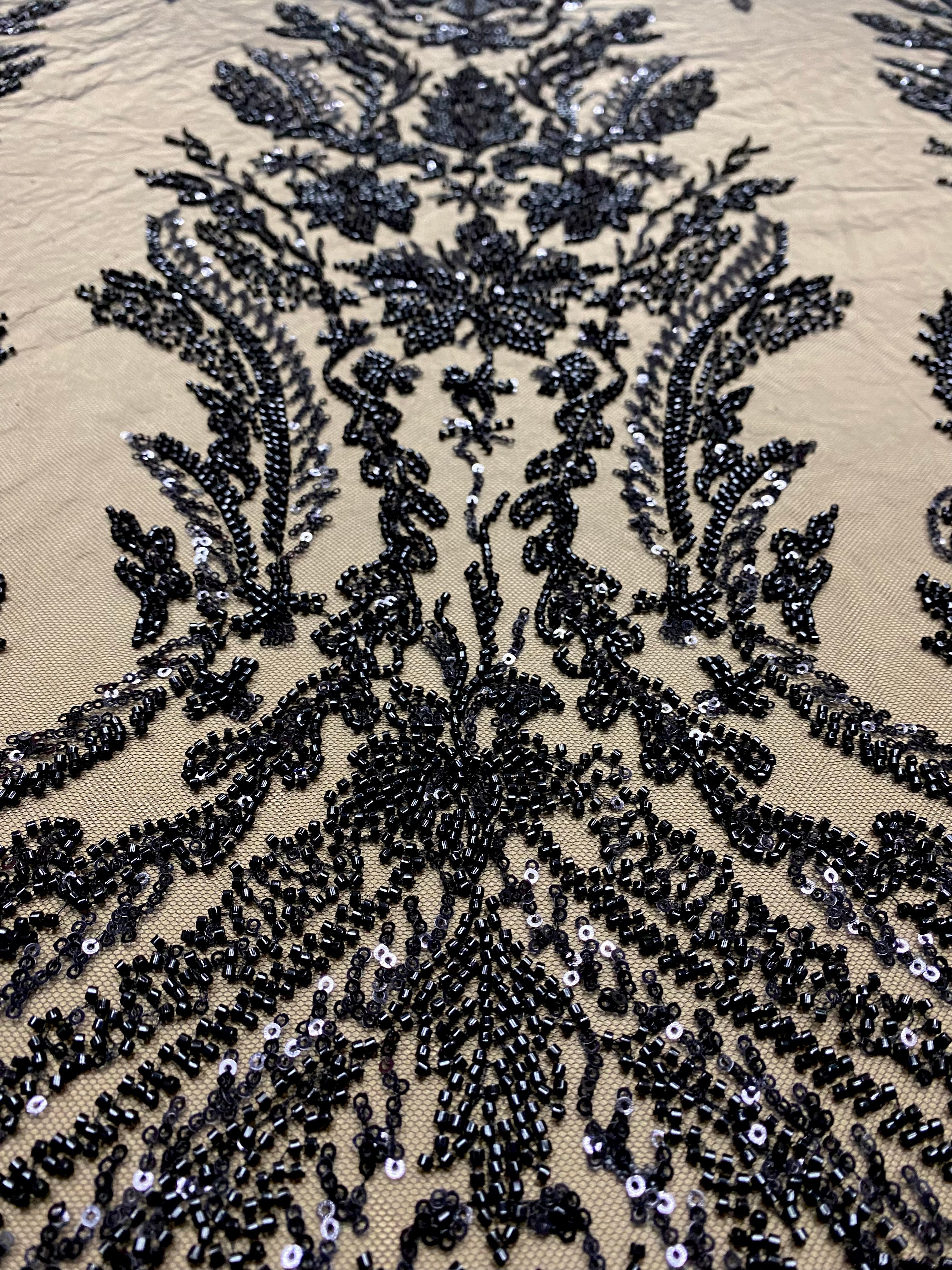 Black Couture Lace with Floral Pattern, with Pearls, Beads and Sequins 