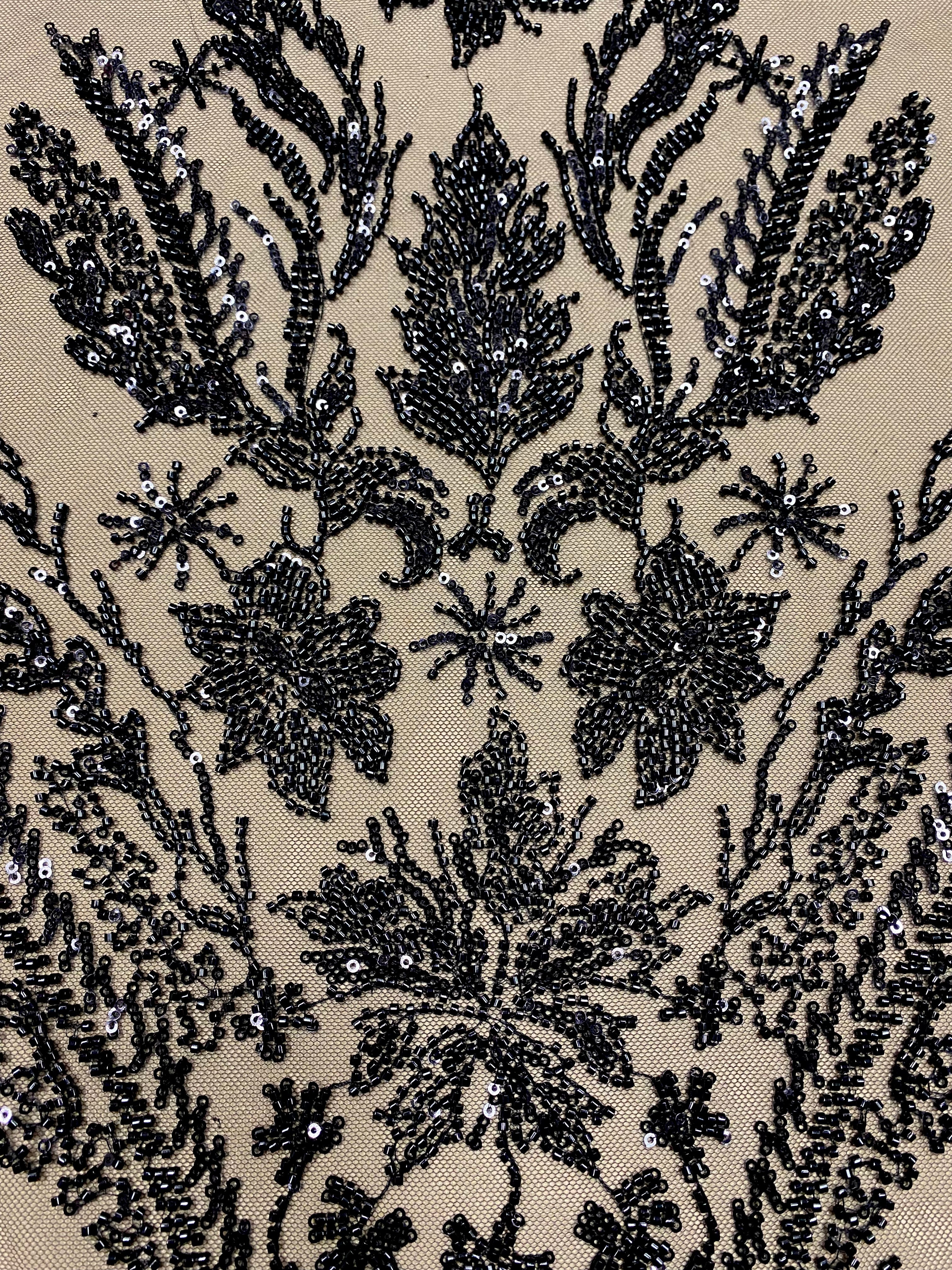 Black Couture Lace with Floral Pattern, with Pearls, Beads and Sequins 