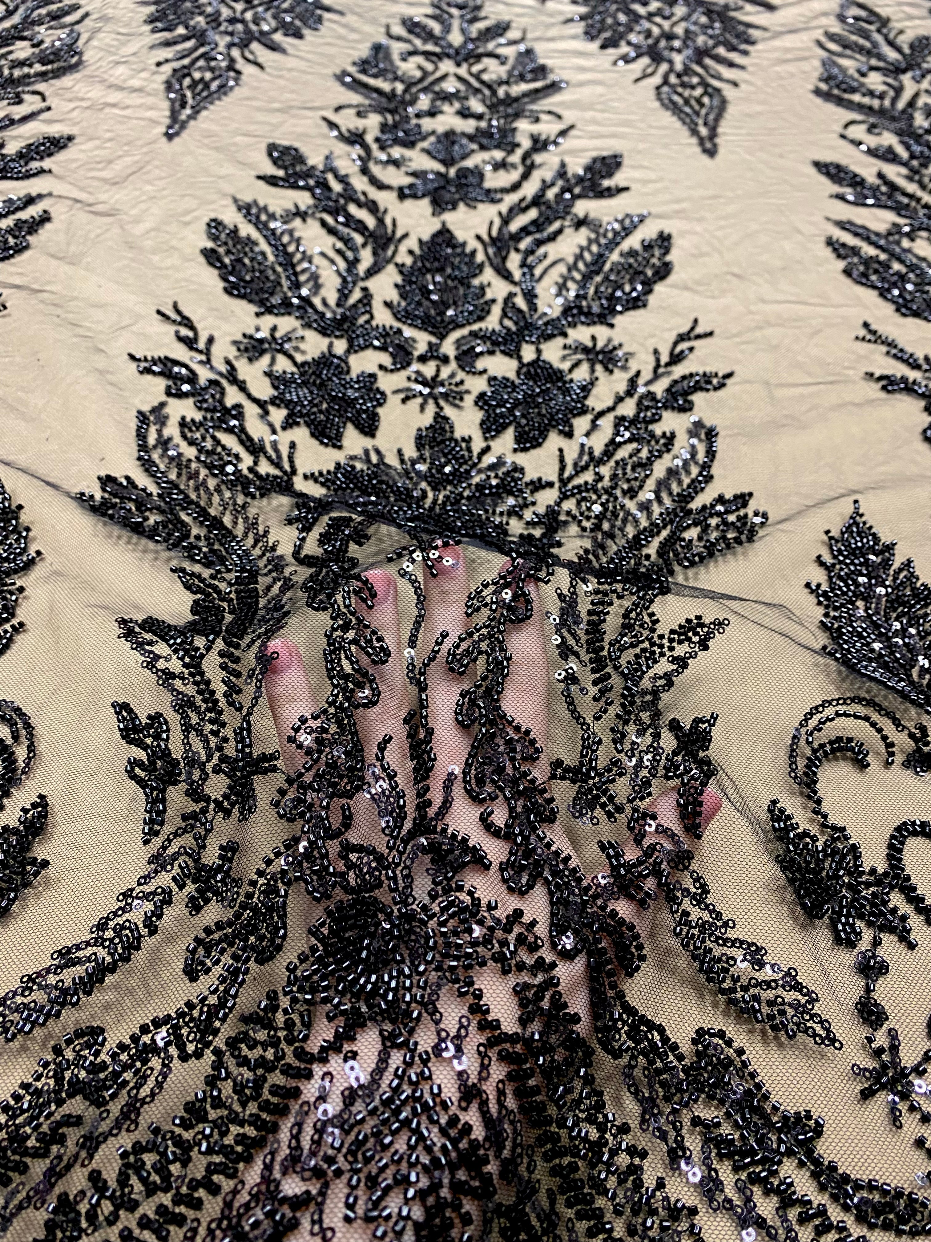 Black Couture Lace with Floral Pattern, with Pearls, Beads and Sequins 