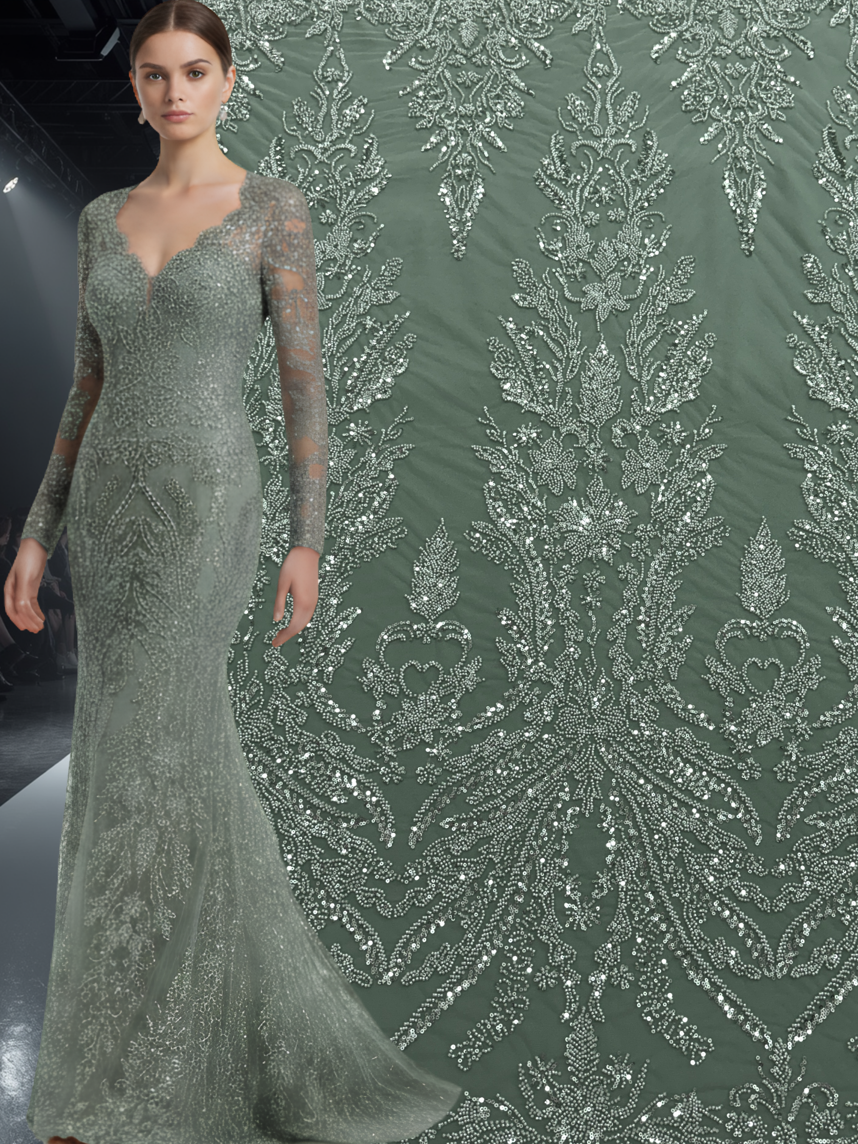Dantela Couture Verde Prafuit cu Model Floral, cu Margele si Paiete