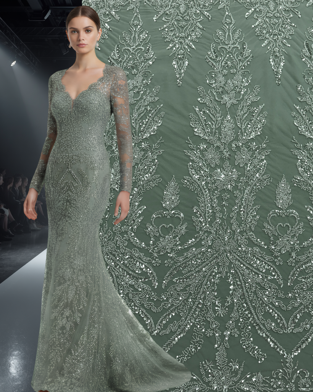 Dantela Couture Verde Prafuit cu Model Floral, cu Margele si Paiete