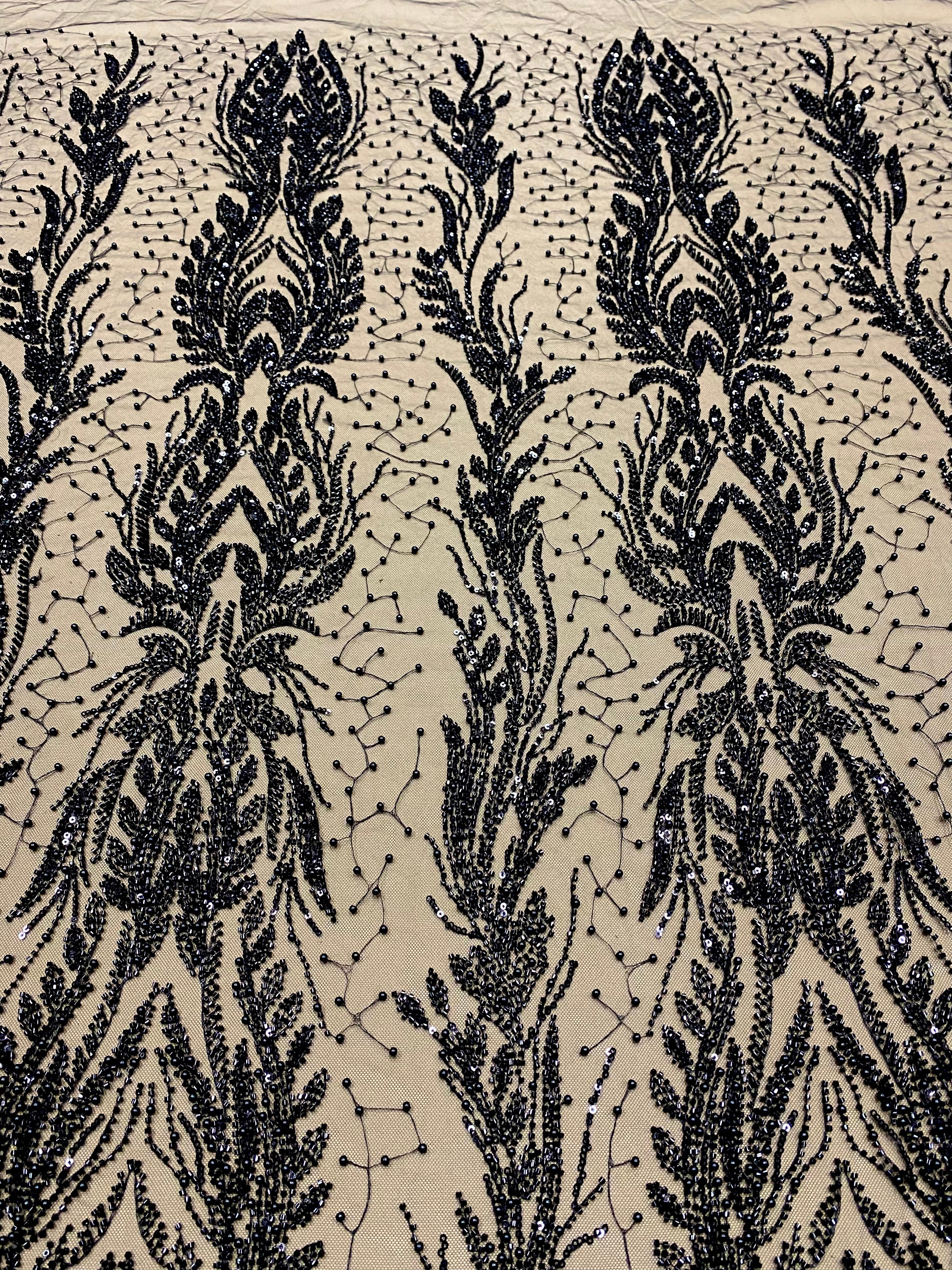 Black Couture Lace with Symmetrical Pattern, with Pearls, Beads and Sequins 