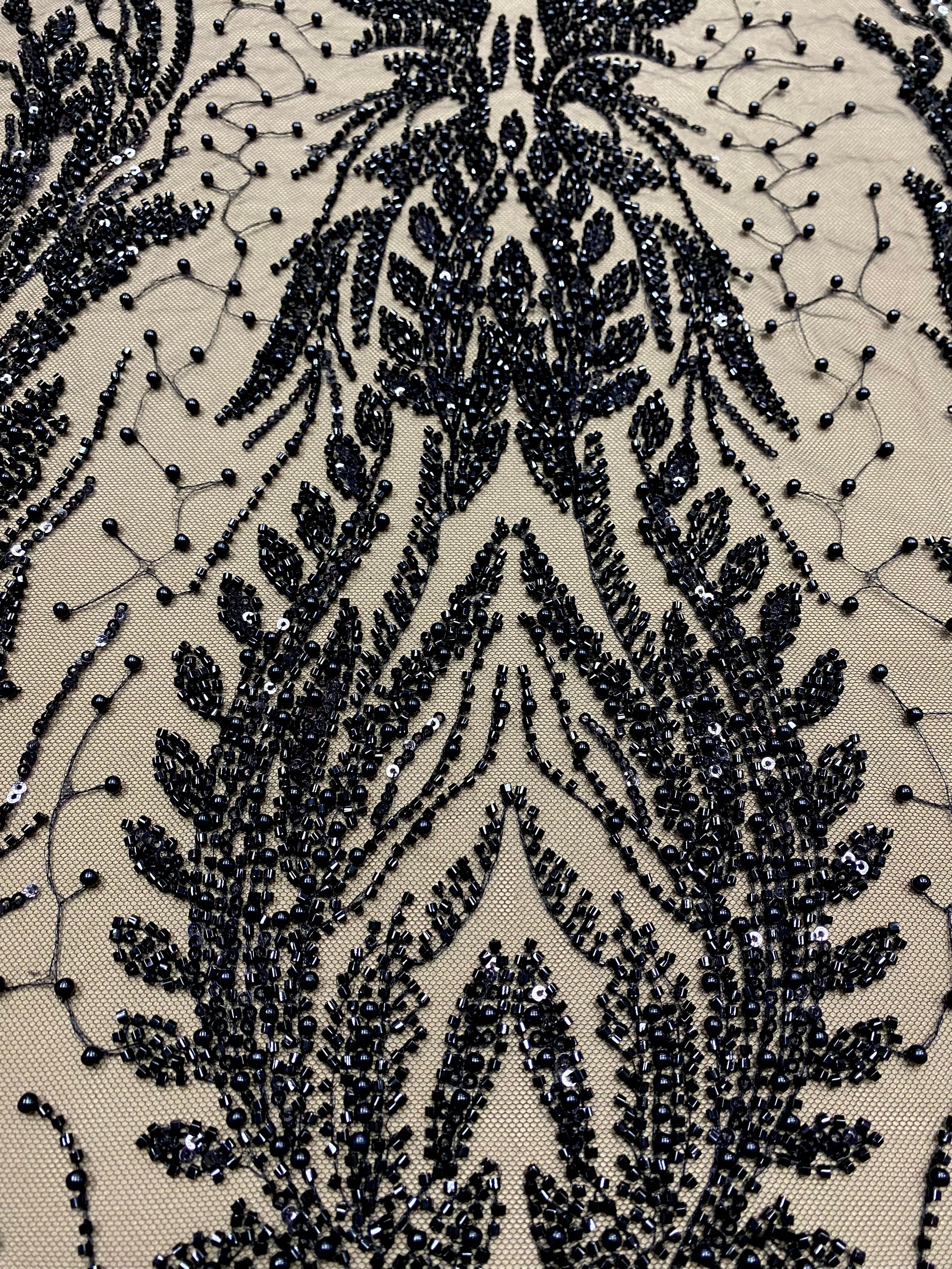 Black Couture Lace with Symmetrical Pattern, with Pearls, Beads and Sequins 