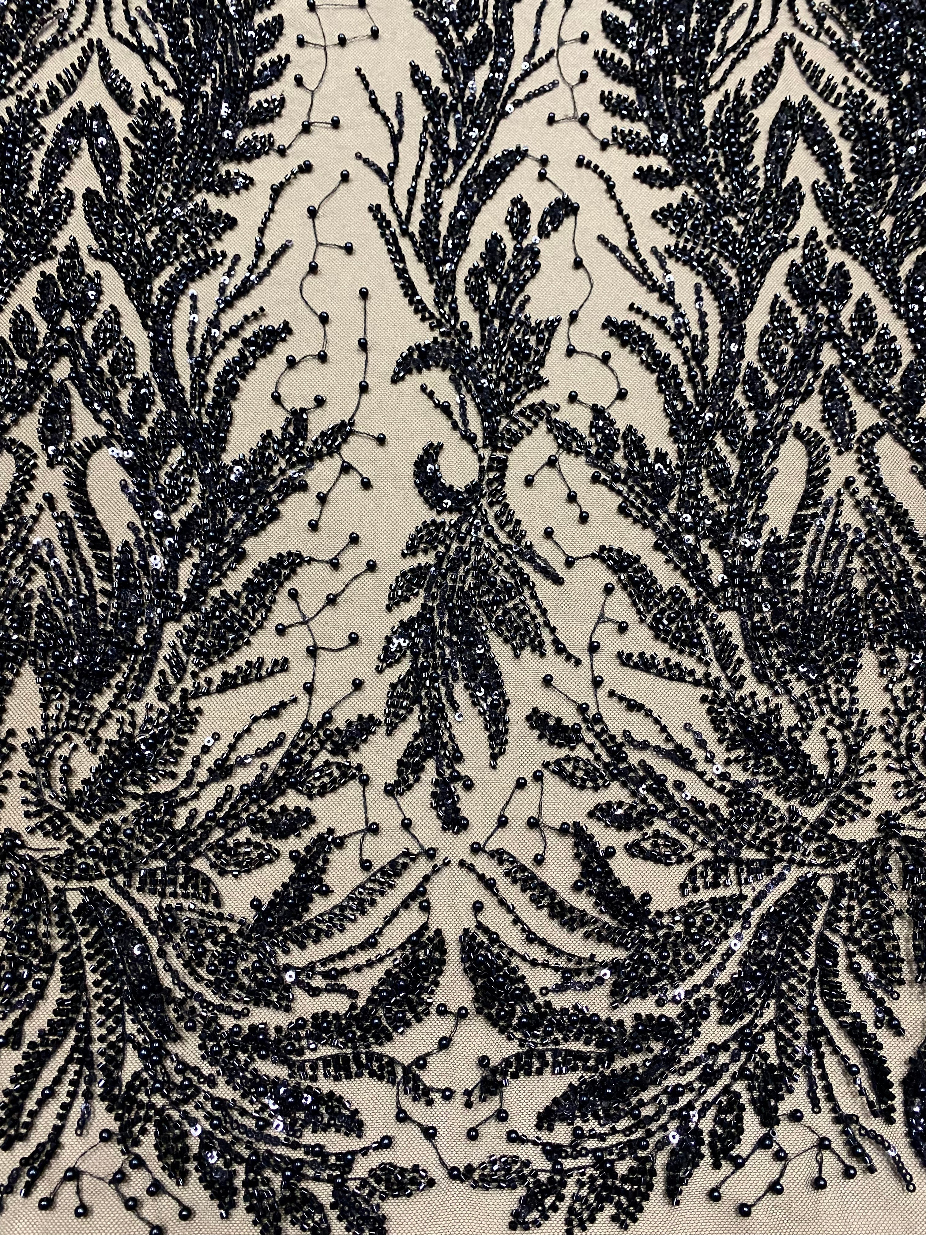 Black Couture Lace with Symmetrical Pattern, with Pearls, Beads and Sequins 
