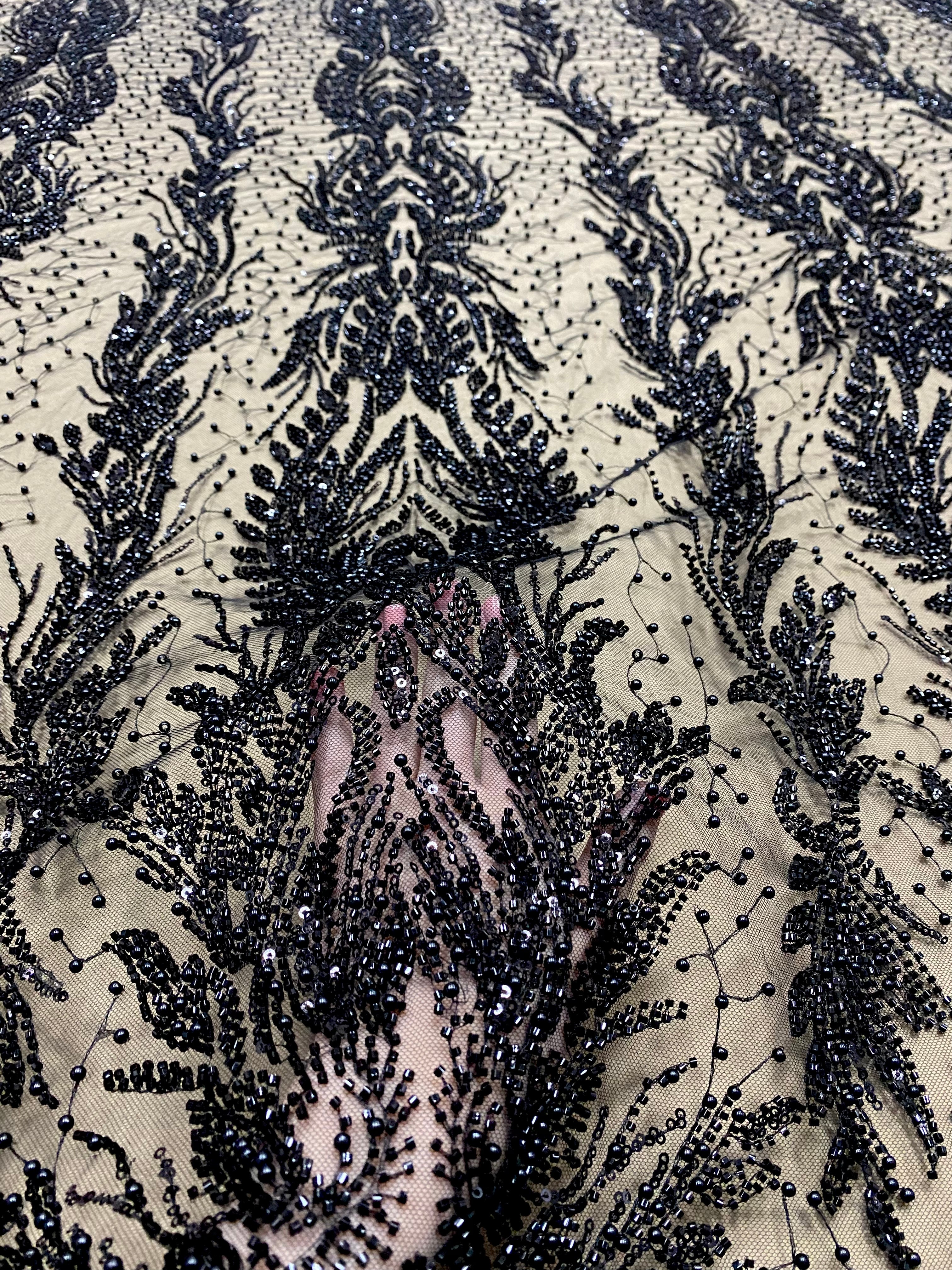 Black Couture Lace with Symmetrical Pattern, with Pearls, Beads and Sequins 