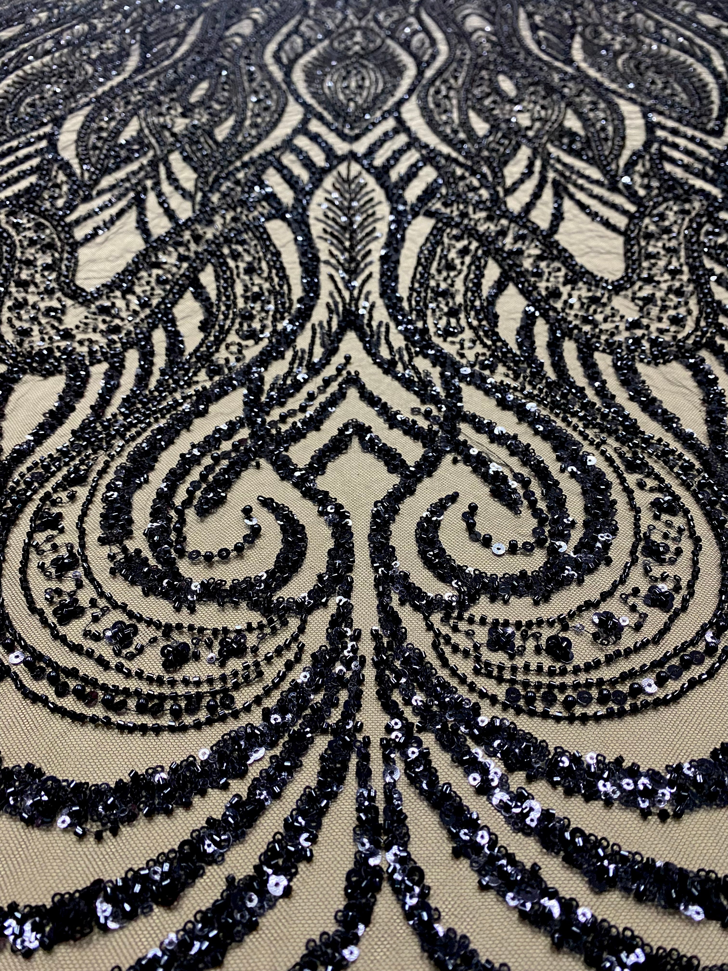 Dantela Couture Neagra cu Model Geometric, cu Perle, Margele si Paiete