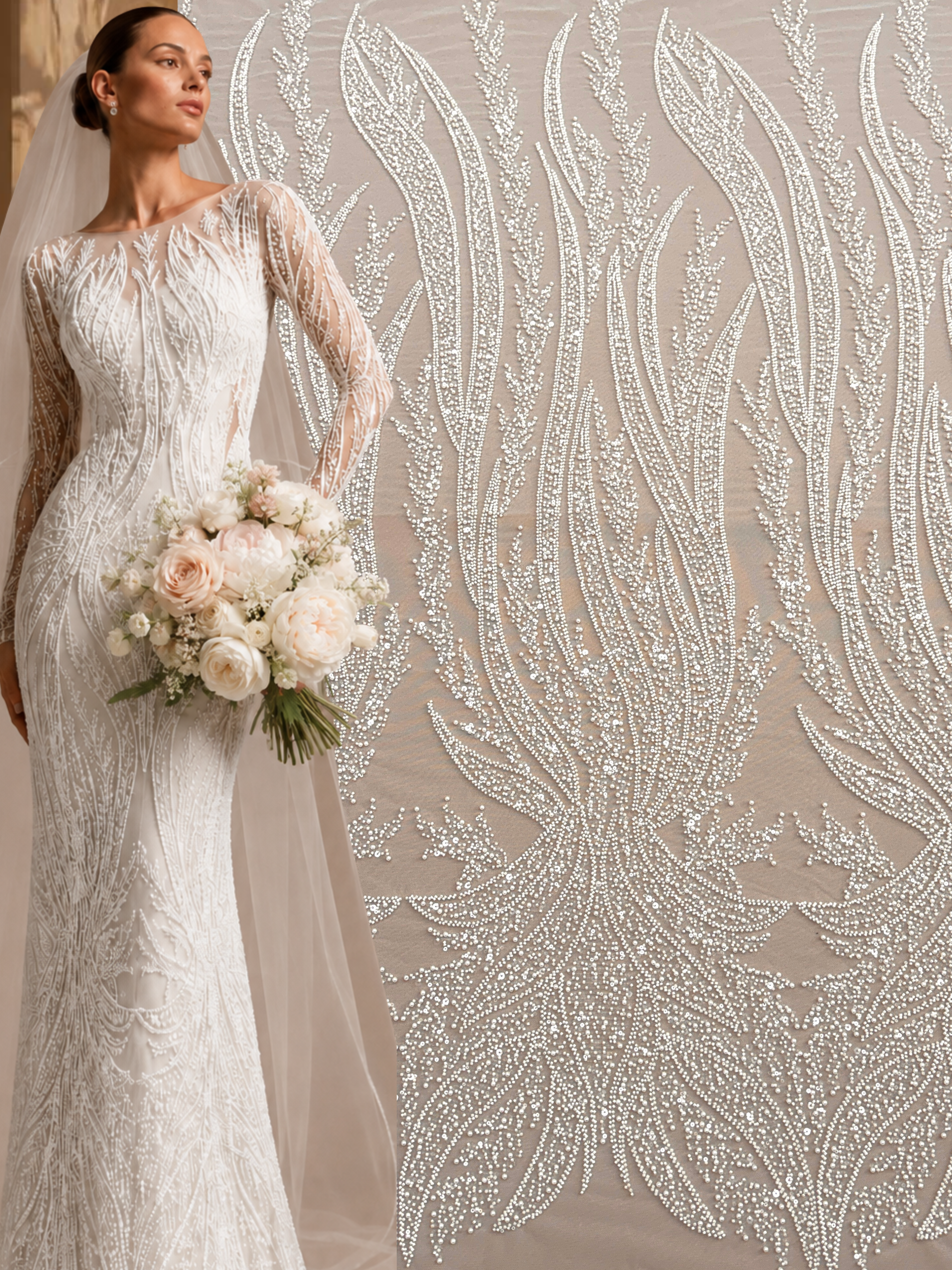 Dantela Couture Ivory cu Panou, cu Perle, Margele si Paiete
