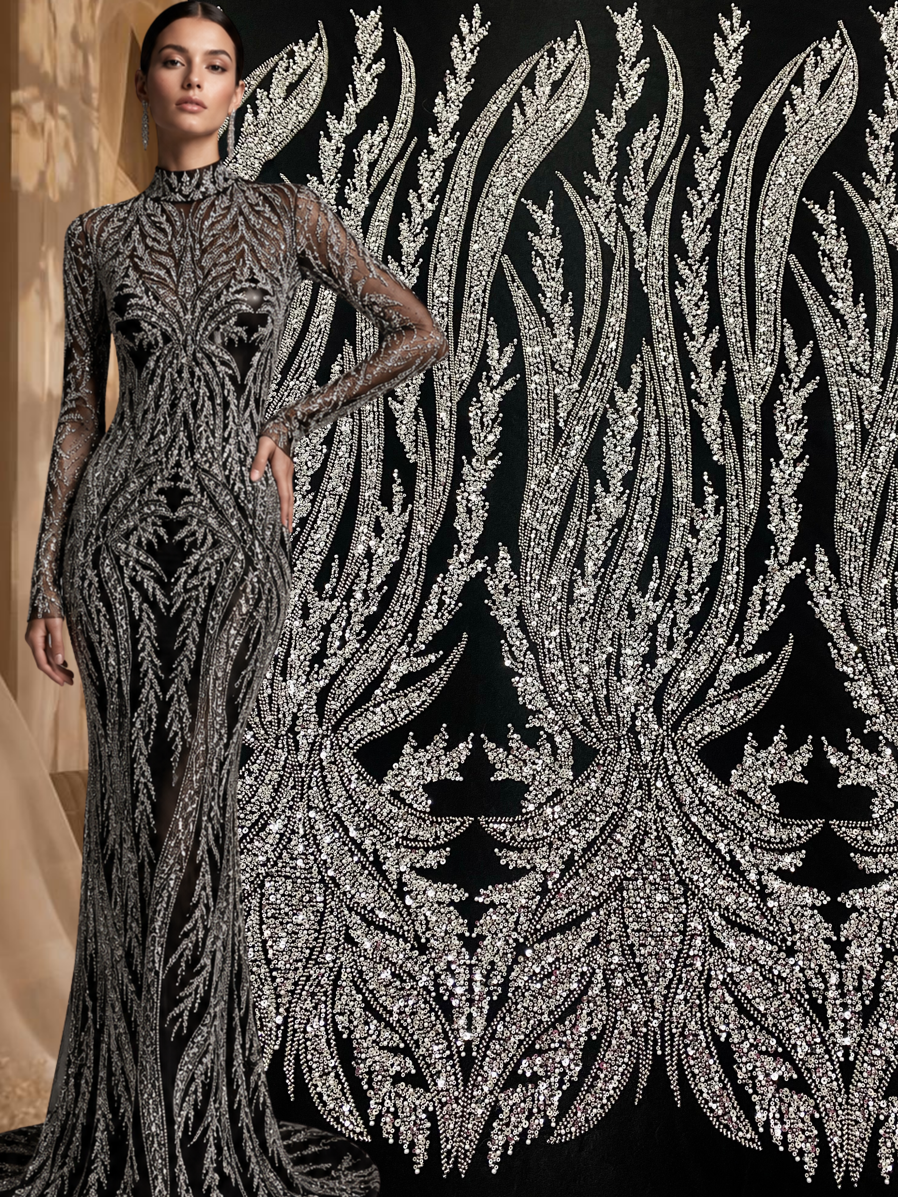 Dantela Couture Argintie pe Tulle Negru cu Panou, cu Perle, Margele si Paiete