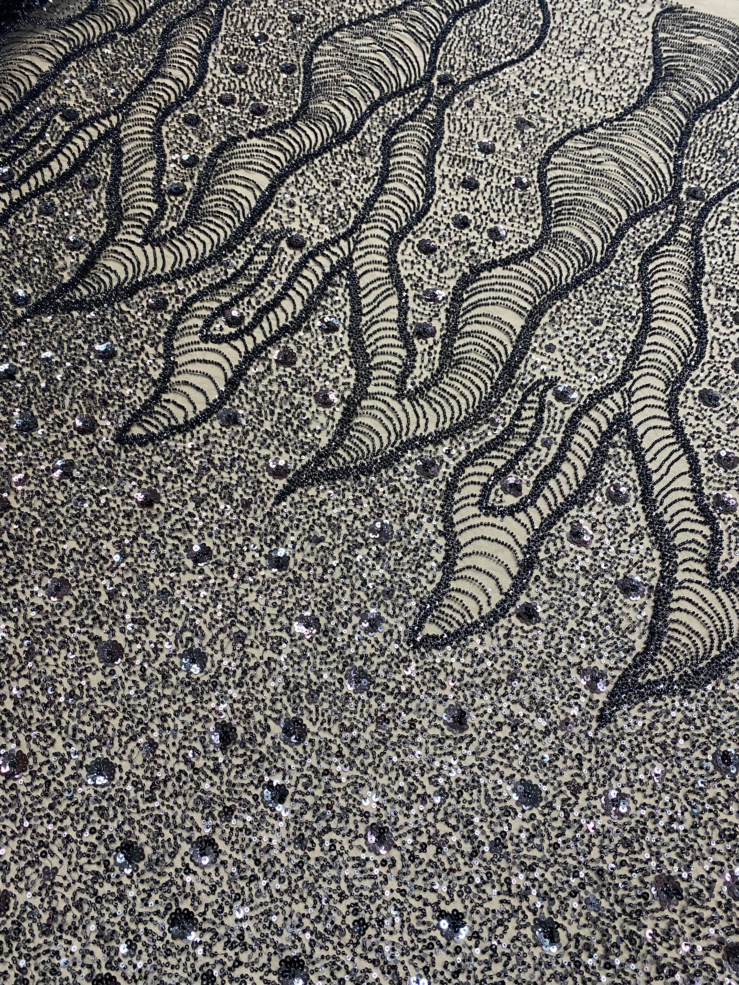 Black Couture Lace with Geometric and Floral Pattern, with Beads and Sequins