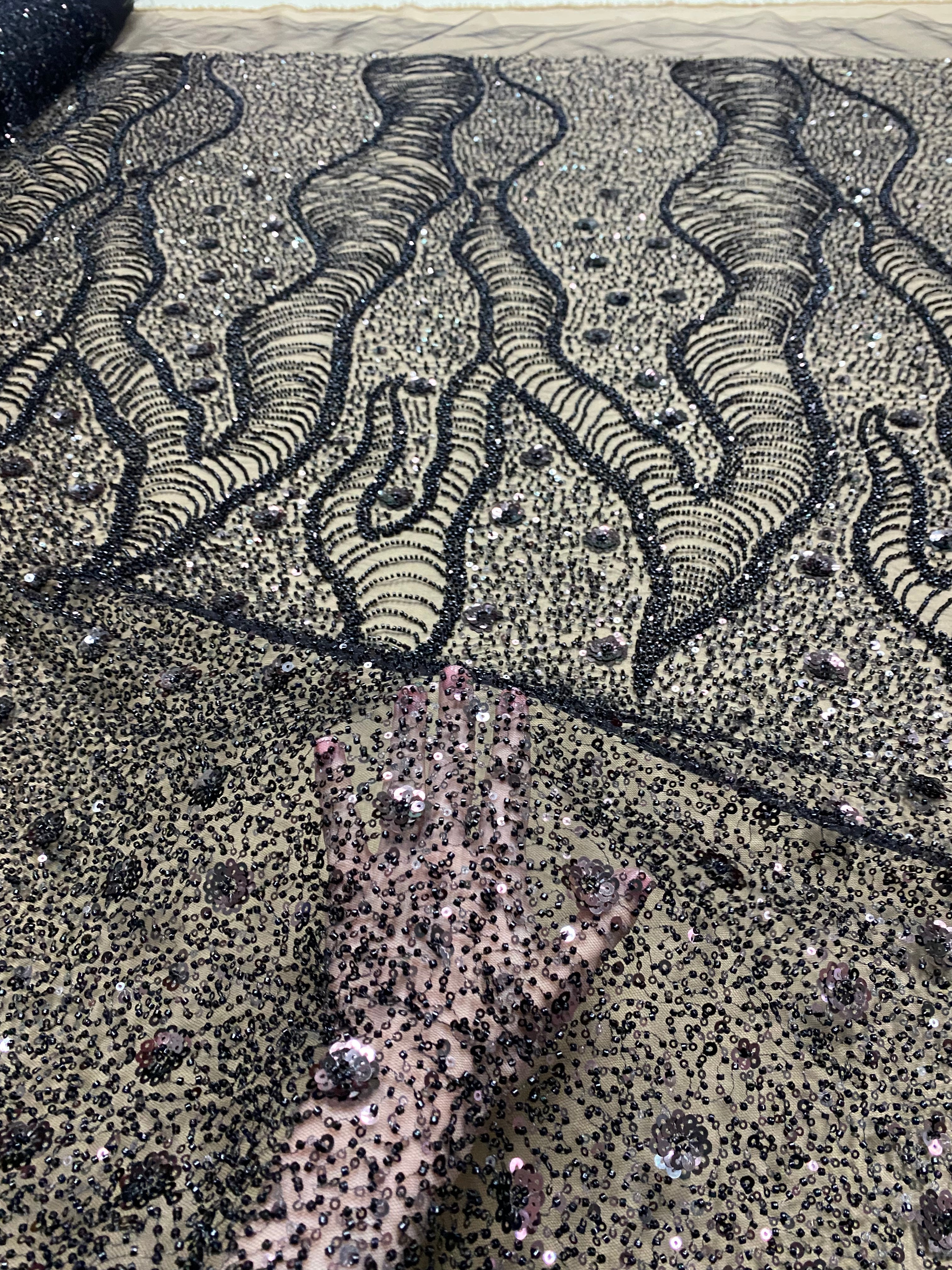 Black Couture Lace with Geometric and Floral Pattern, with Beads and Sequins