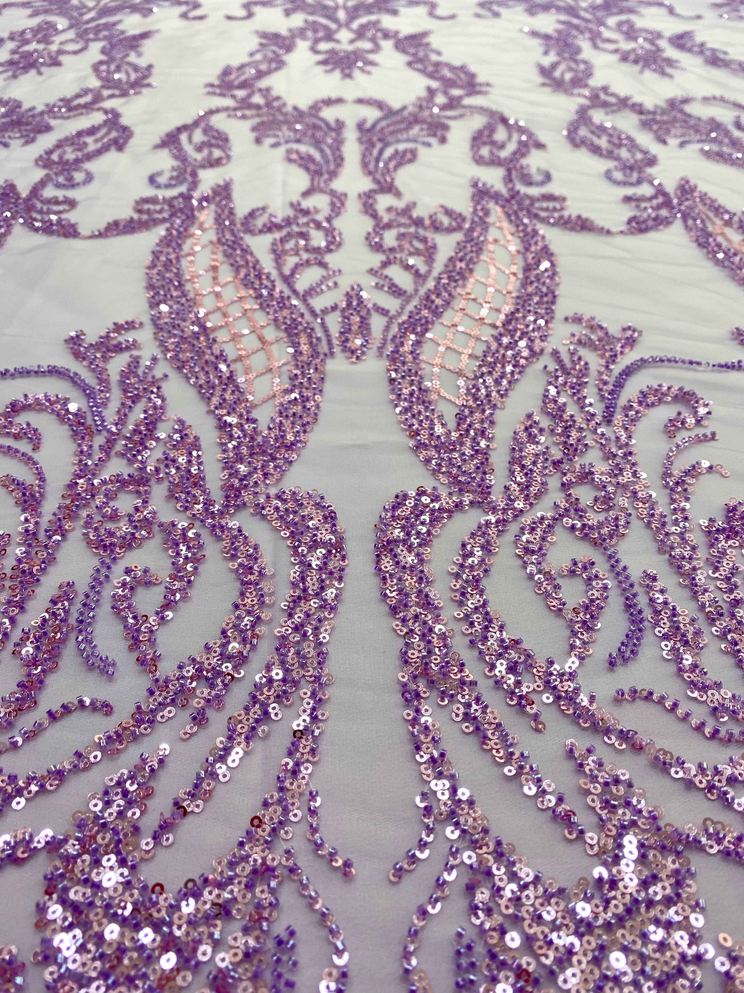 Dantela Couture Lavanda cu Model Geometric, cu Margele si Paiete