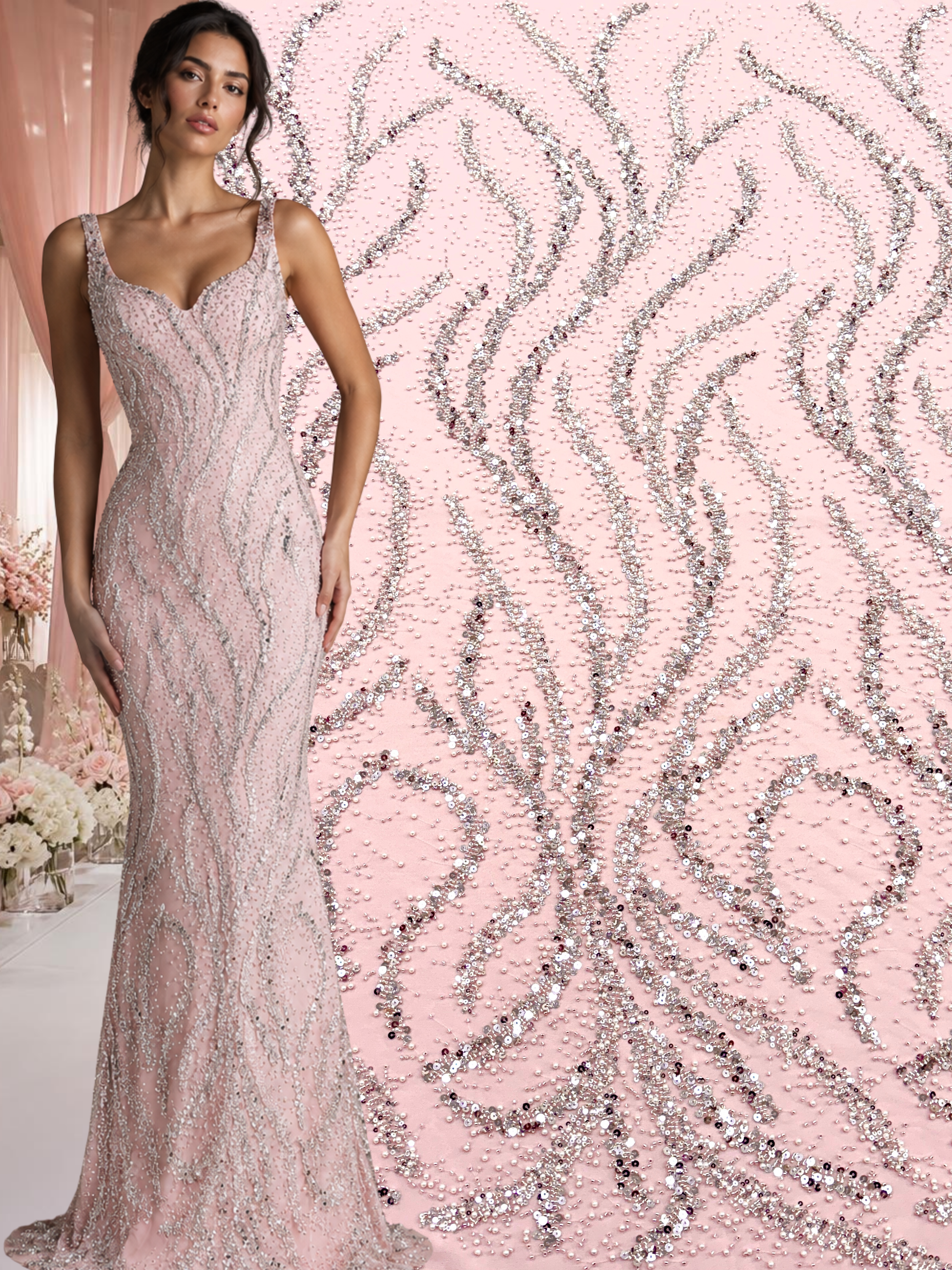 Dantela Couture Argintie pe Tulle Roz cu Perle, Margele si Paiete