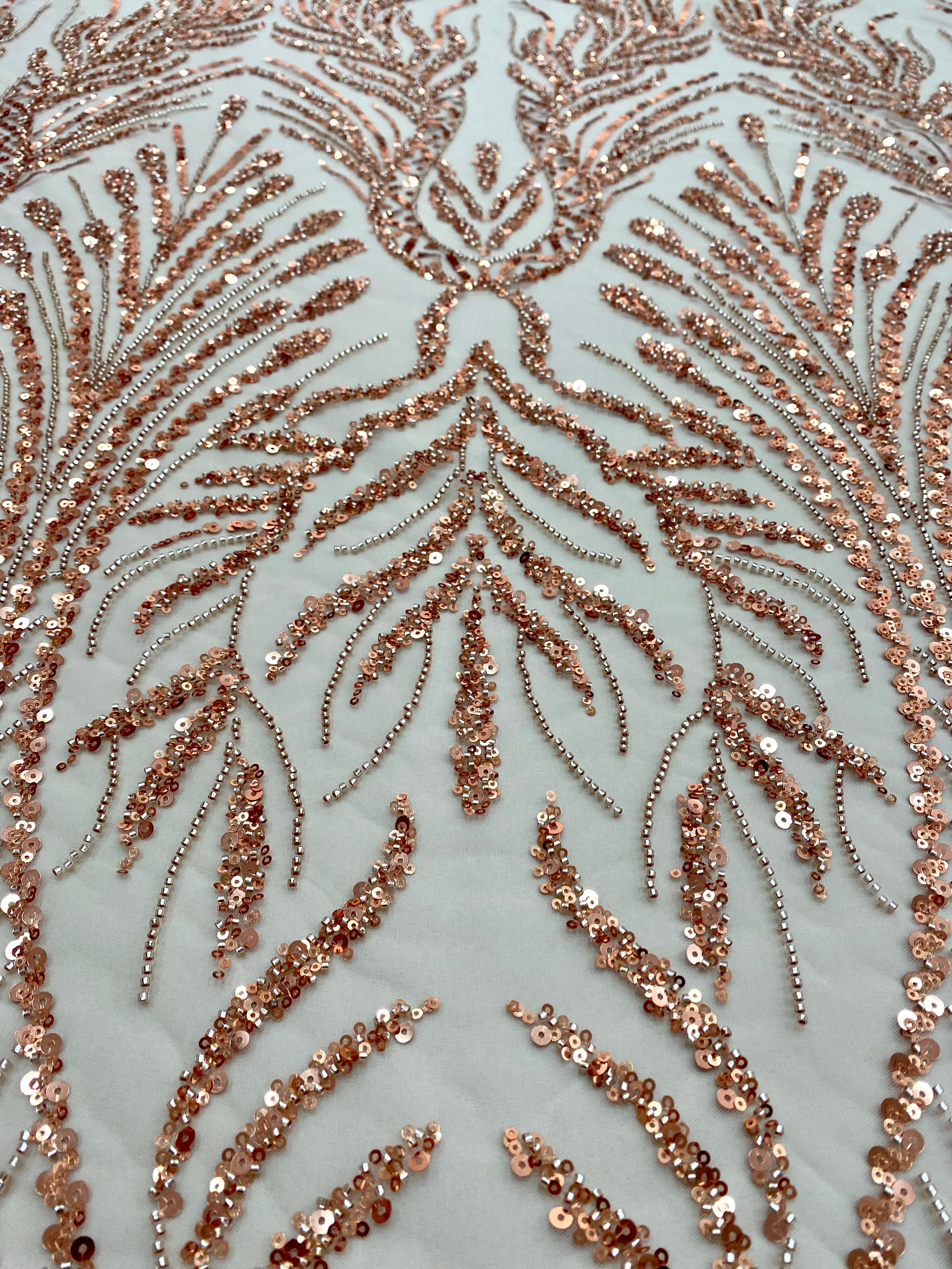 Dantela Couture Auriu Rose cu Model Geometric, cu Margele si Paiete