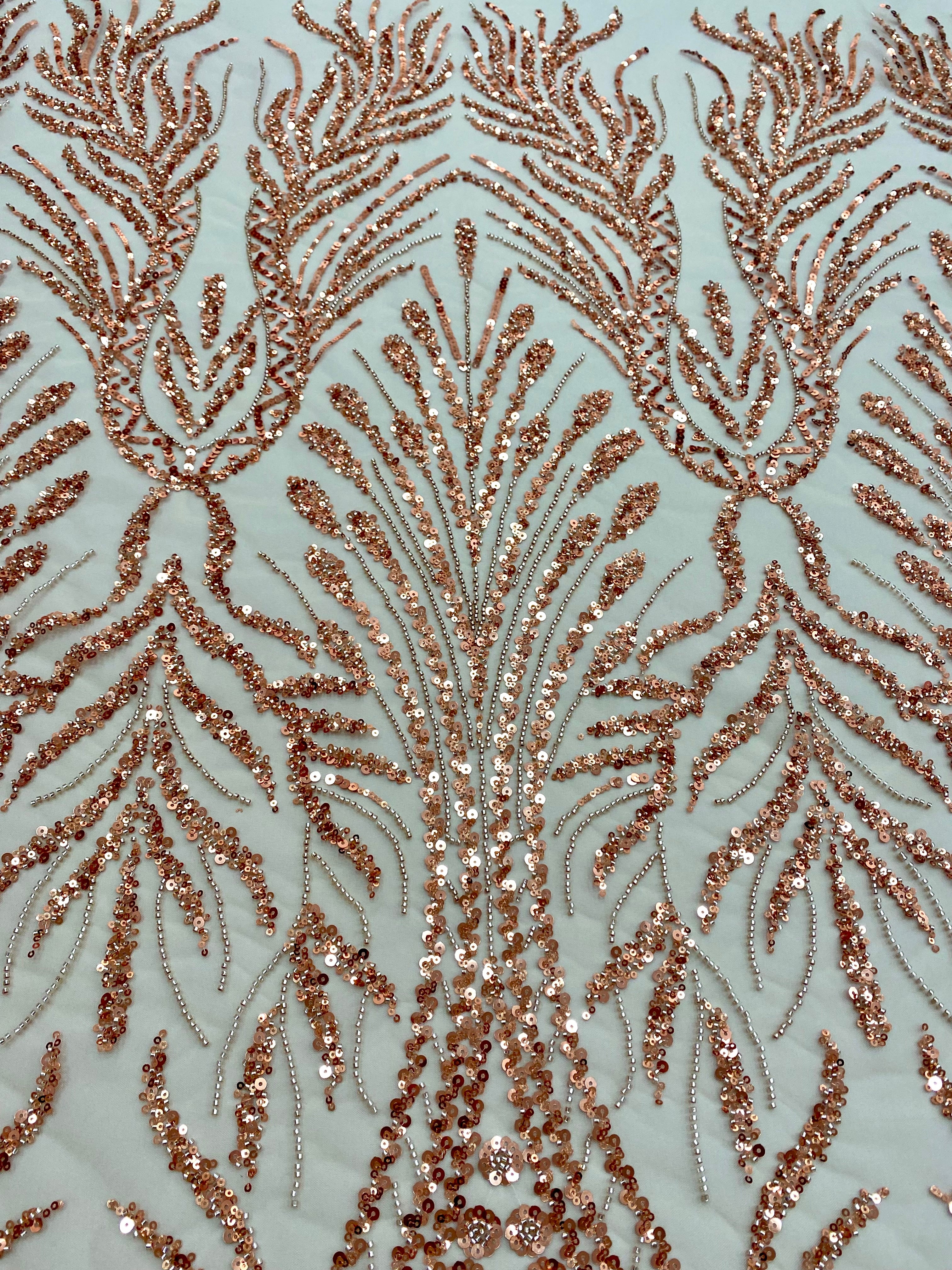 Dantela Couture Auriu Rose cu Model Geometric, cu Margele si Paiete